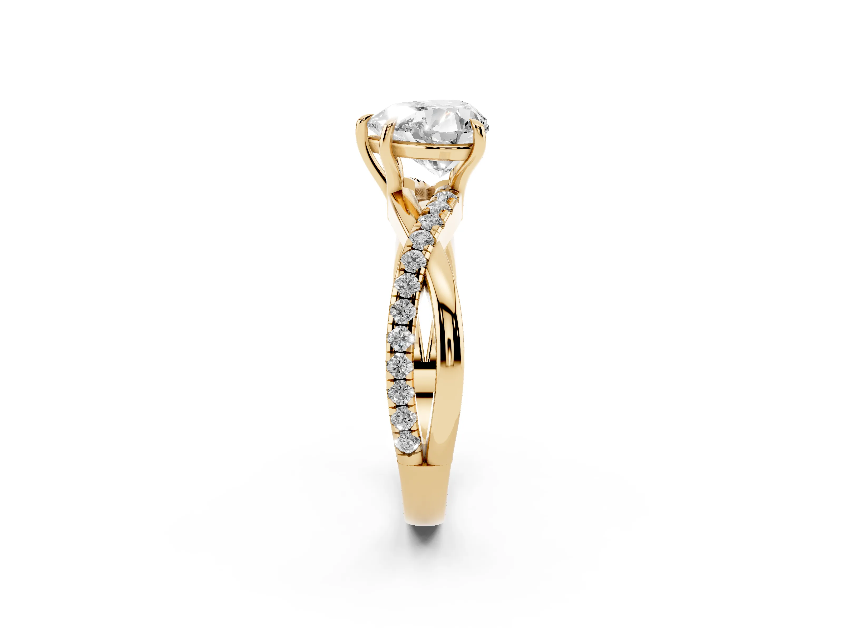 Heart Cut Diamond Twisted Pavé Band Ring Set in Yellow gold with Prong Setting