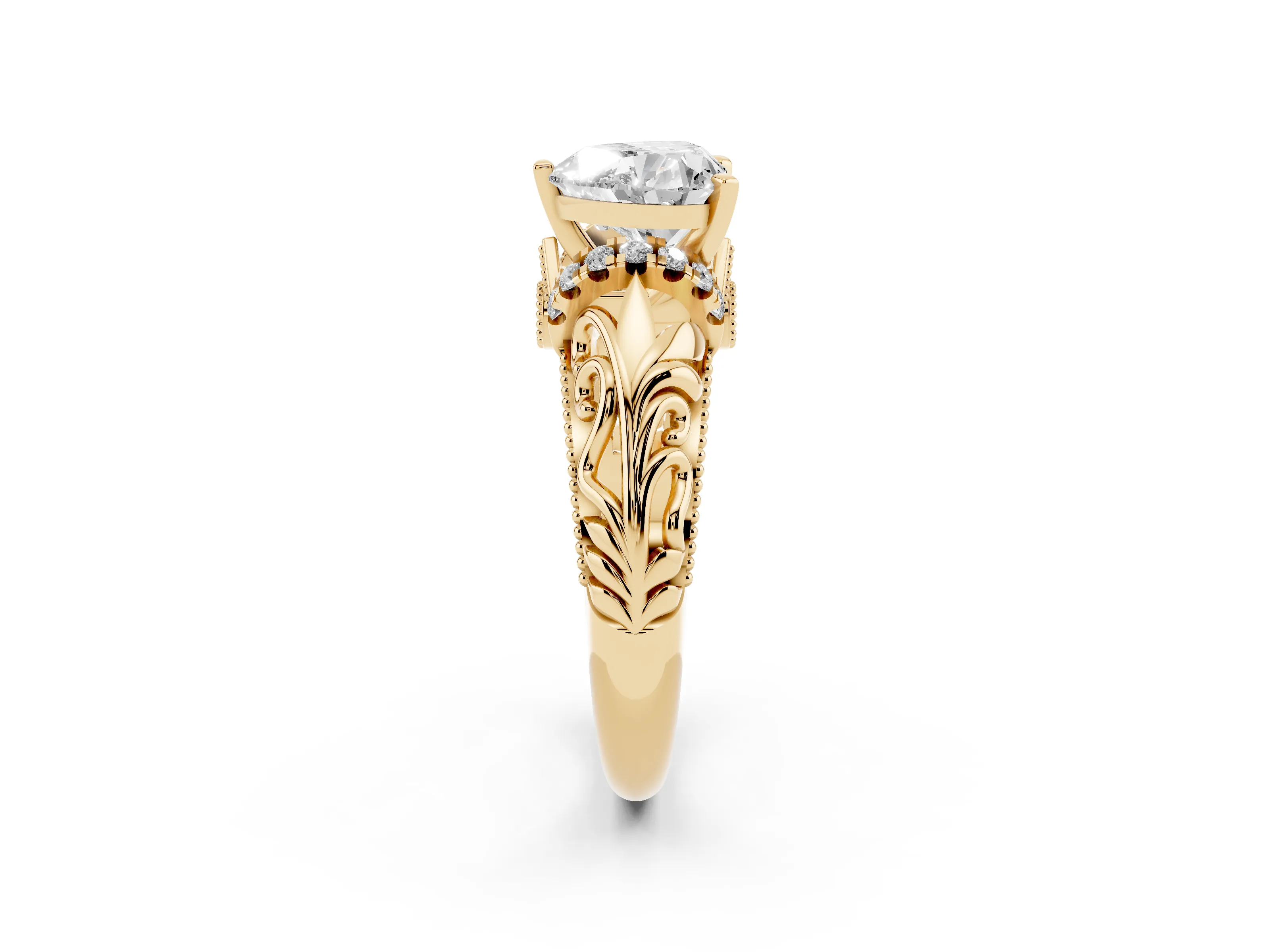 Heart Cut Diamond Filigree Halo Engagement Ring Set in Yellow gold with Prong Setting
