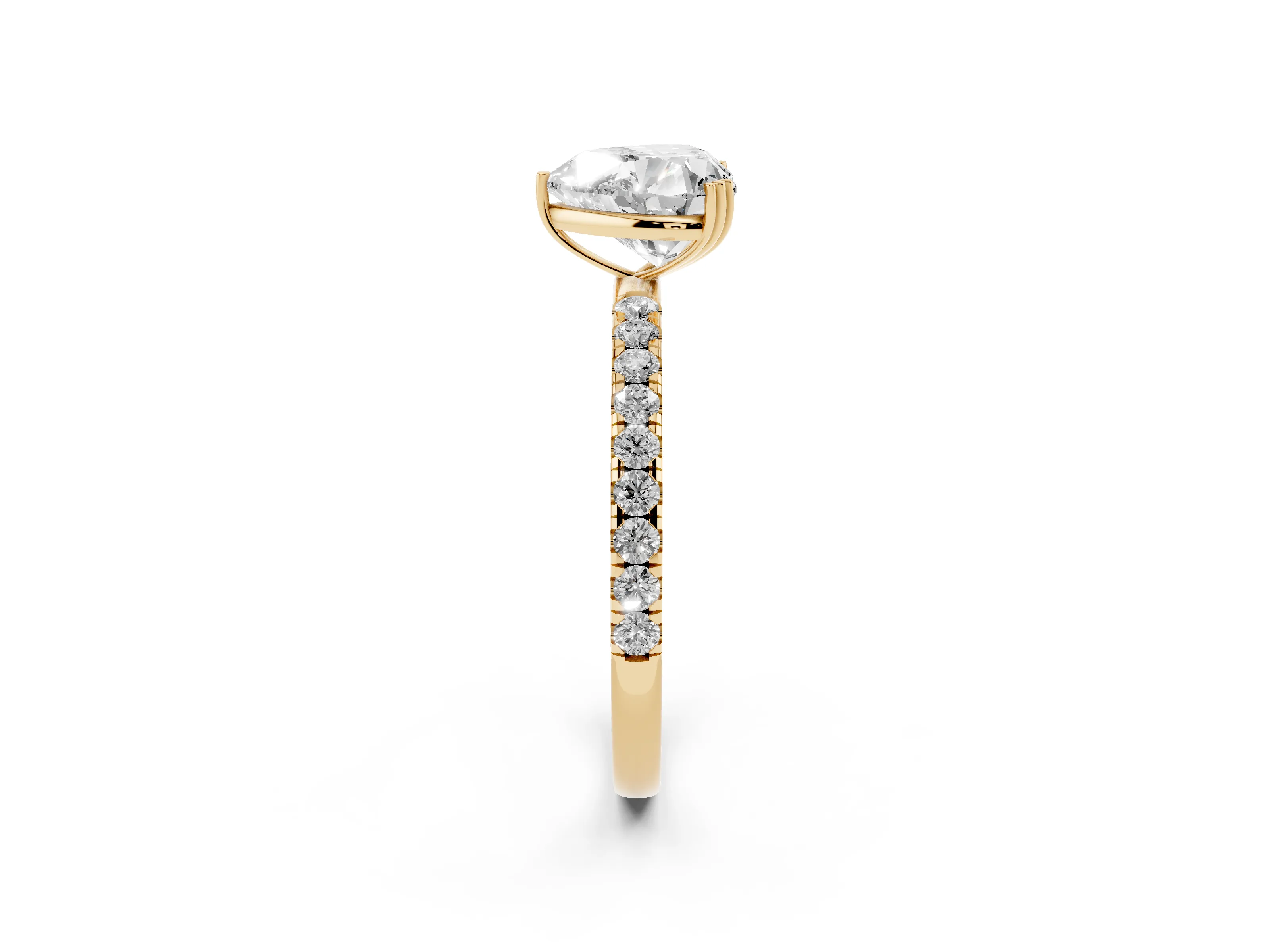 Heart Cut Diamond Brilliant Solitaire Set in Yellow gold with Pavé Band and Claw Prong Setting