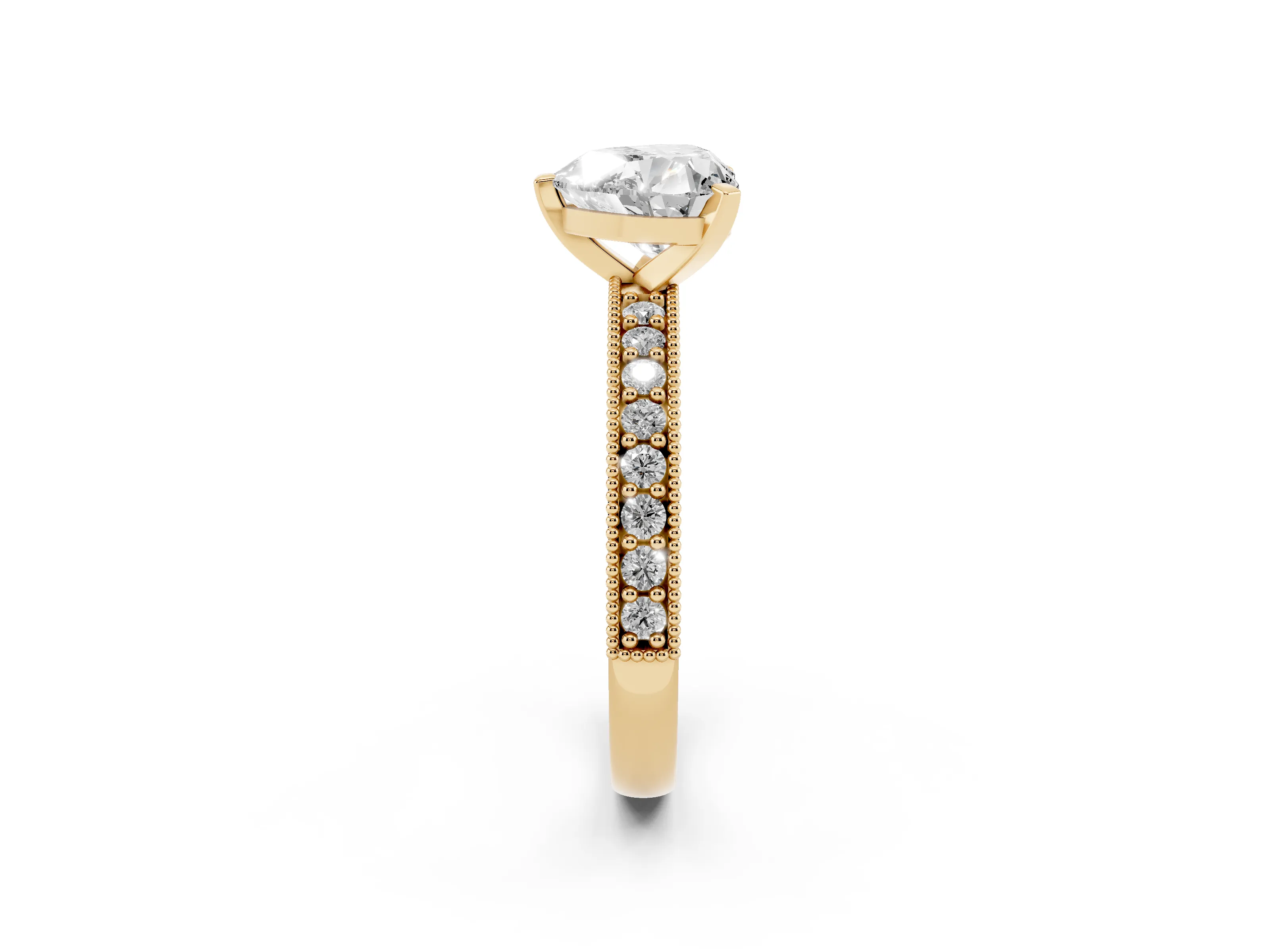Heart Cut Diamond Milgrain Pavé Engagement Ring Set in Yellow gold with Prong Setting