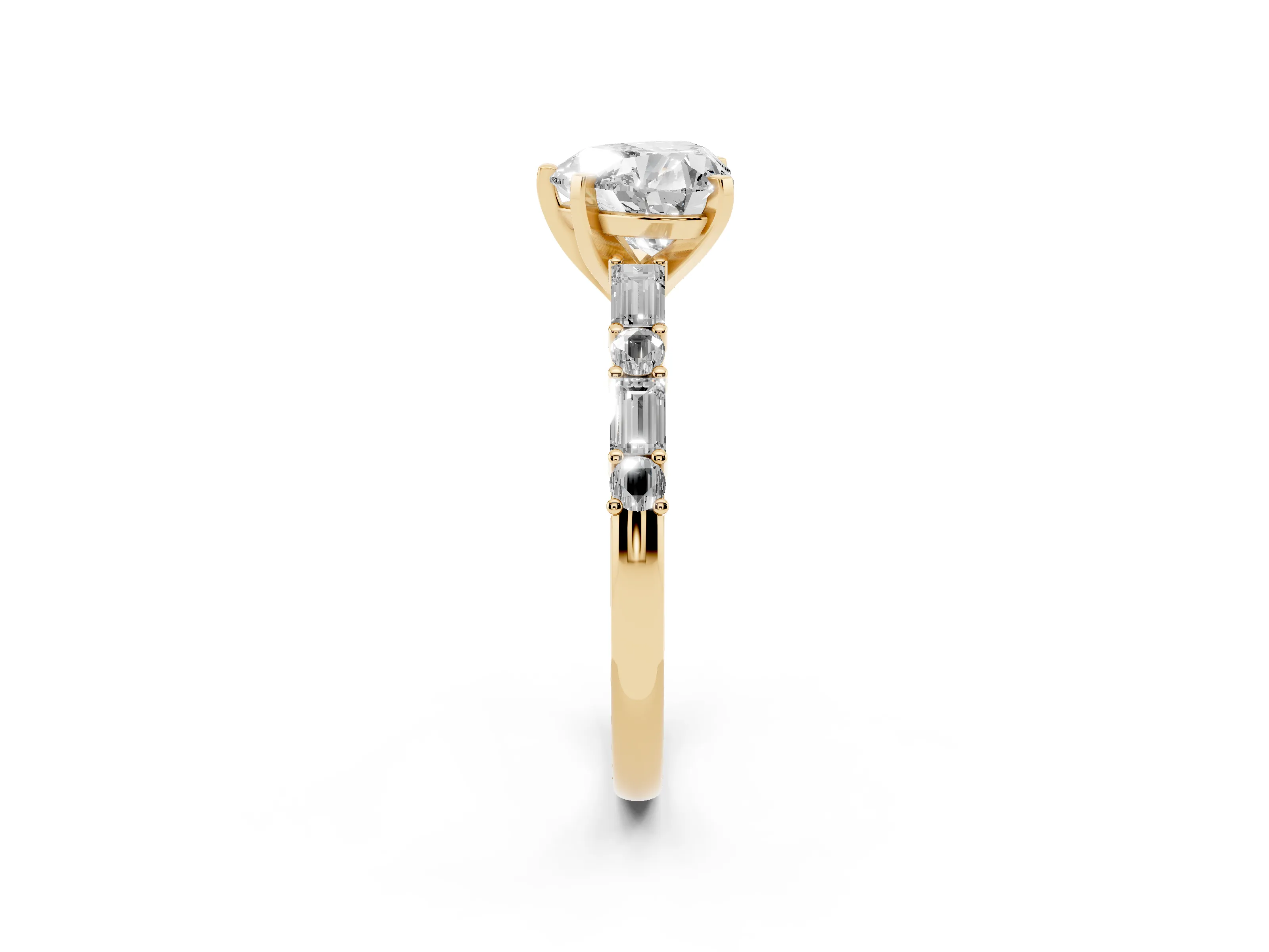 Heart Cut Diamond Solitaire Set in Yellow gold with Side Baguettes and Channel Set Band