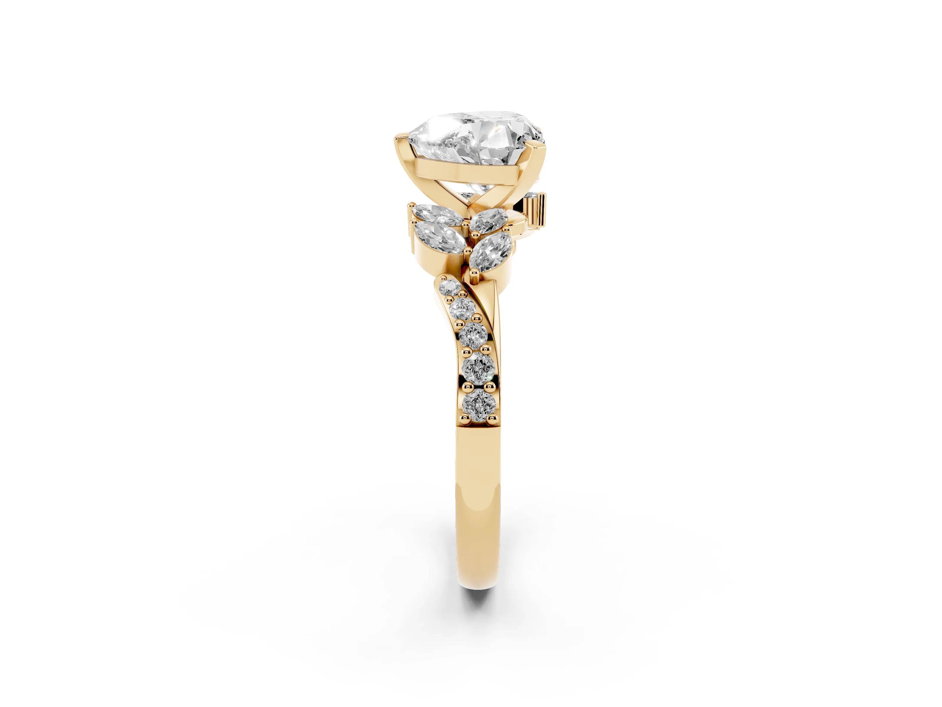 Heart Cut Diamond Solitaire Ring Set in Yellow gold with Marquise Twist Band and Prong Setting