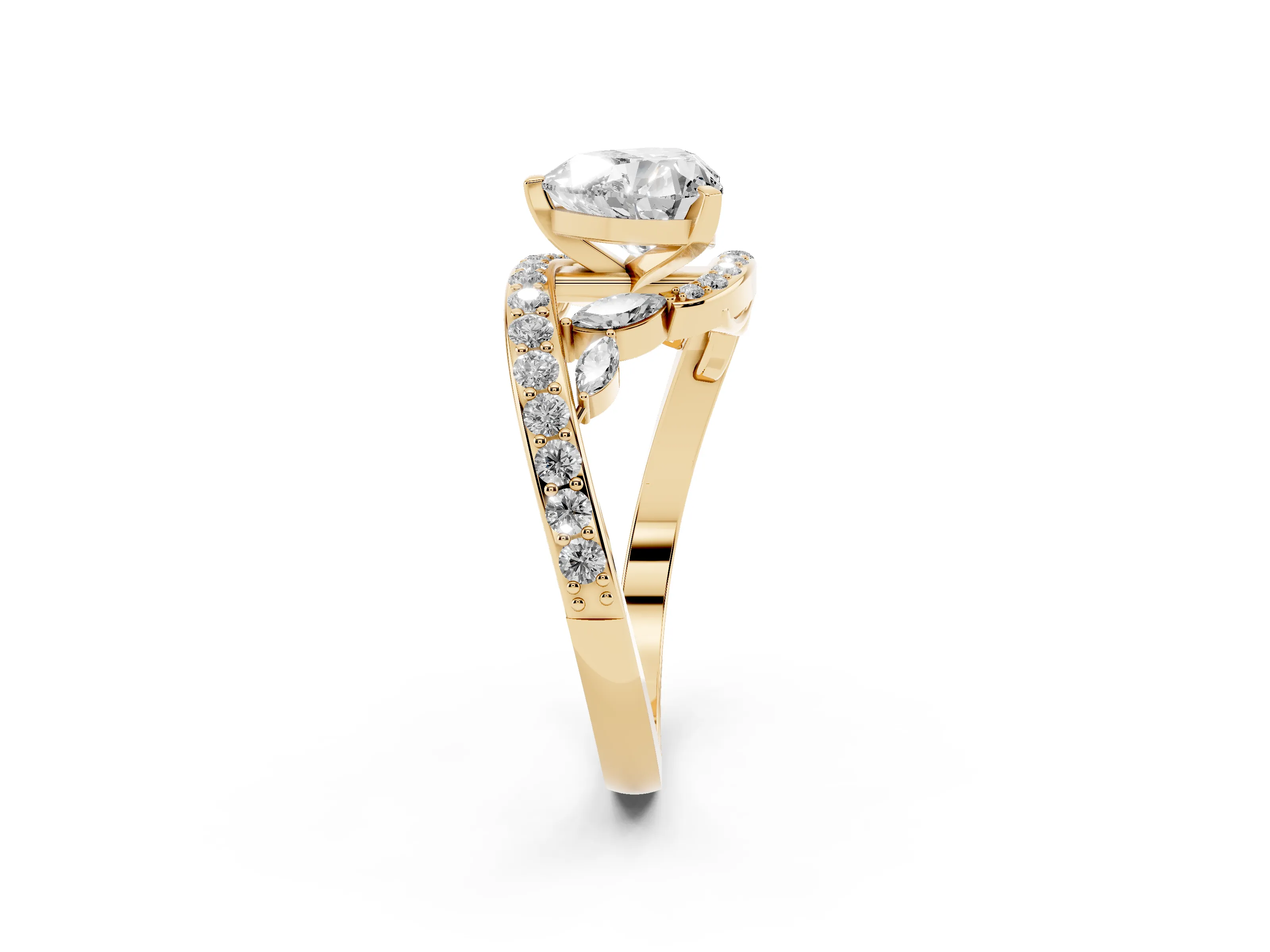 Heart Cut Diamond Solitaire Ring Set in Yellow gold with Pavé Twist Band and Secure Prong Setting