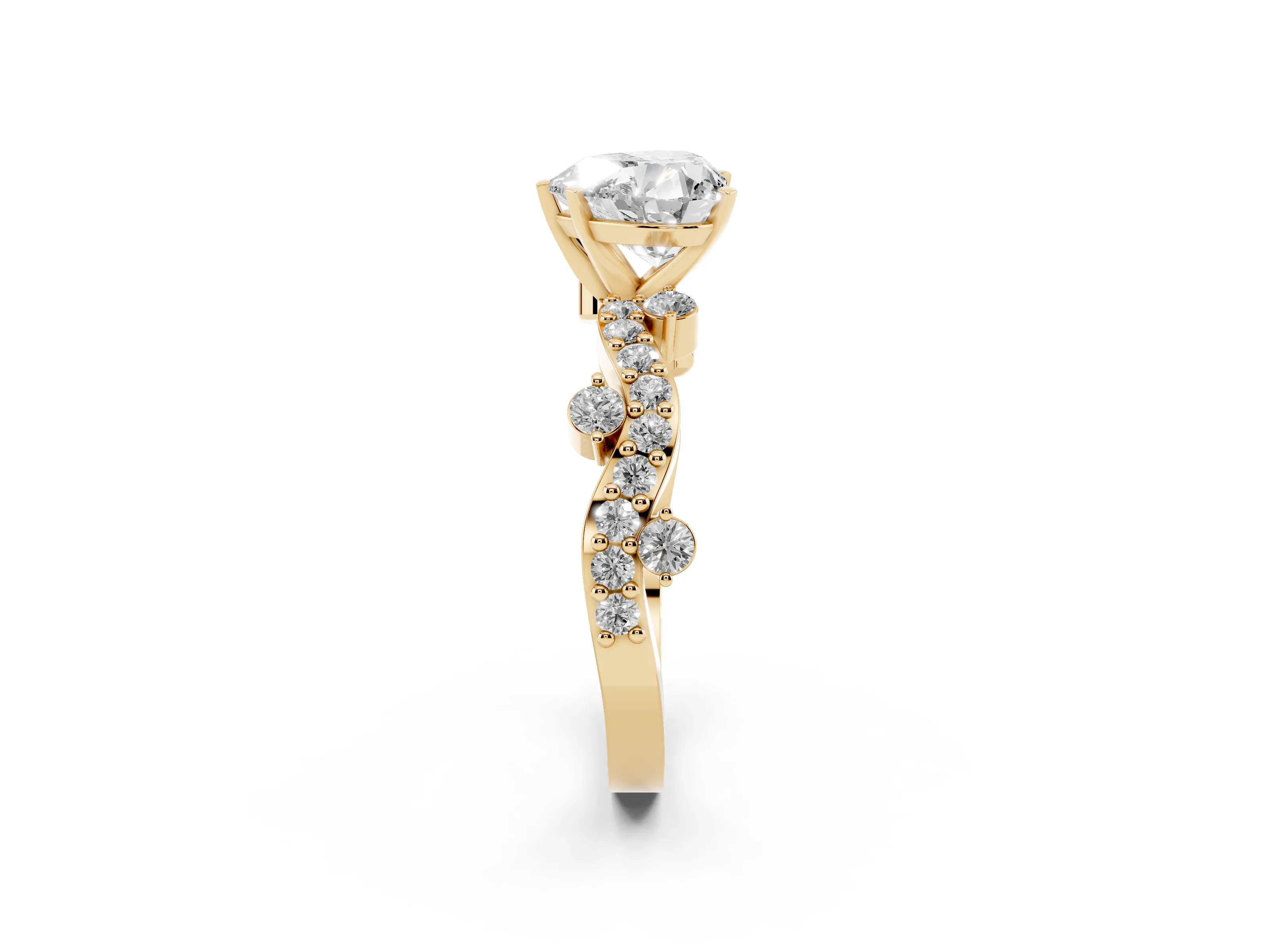 Heart Cut Diamond Solitaire Twisted Band Set in Yellow gold with Pavé Setting