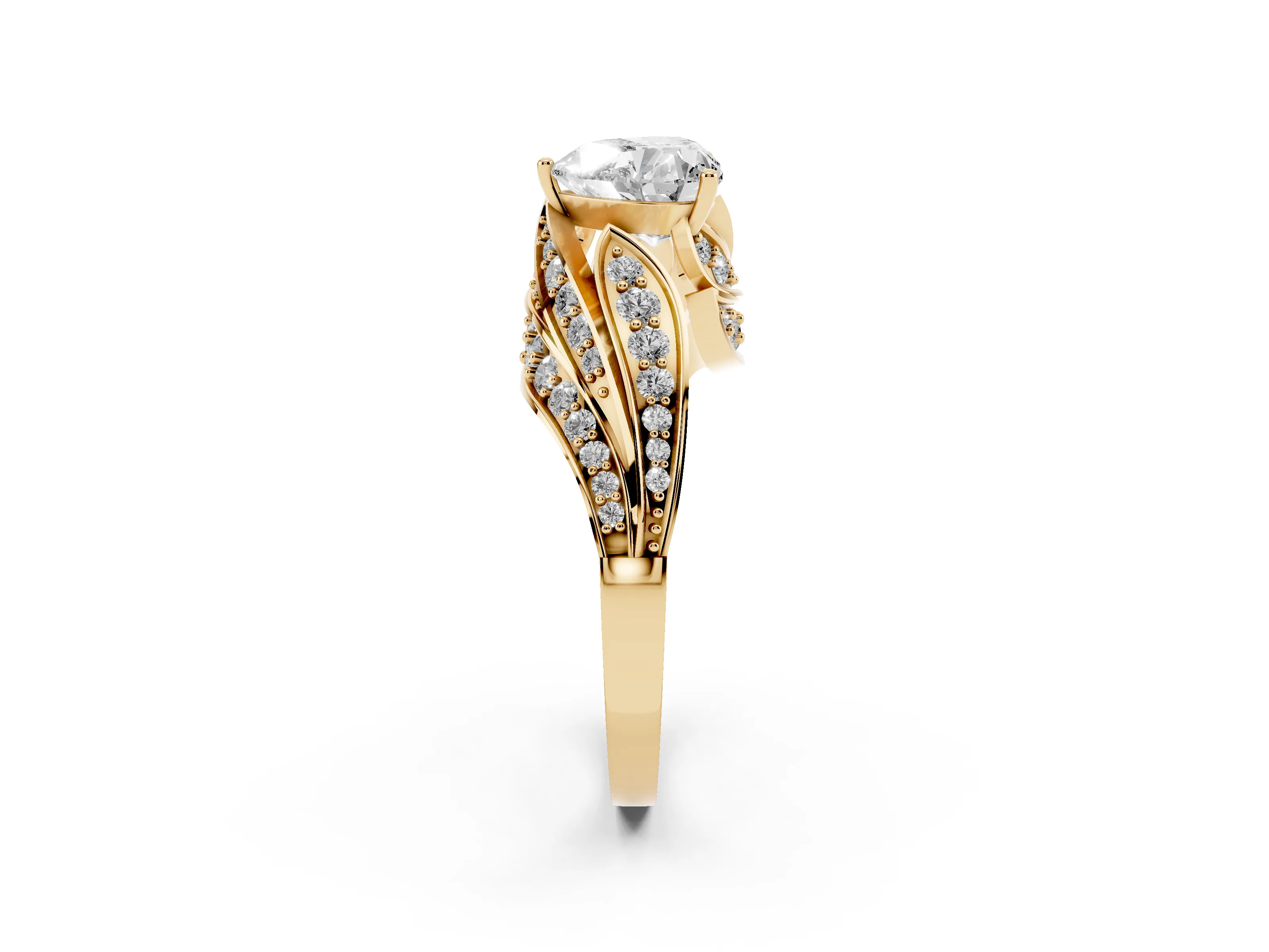 Heart Cut Diamond Solitaire Ring Set in Yellow gold with Layered Twist Pavé Band