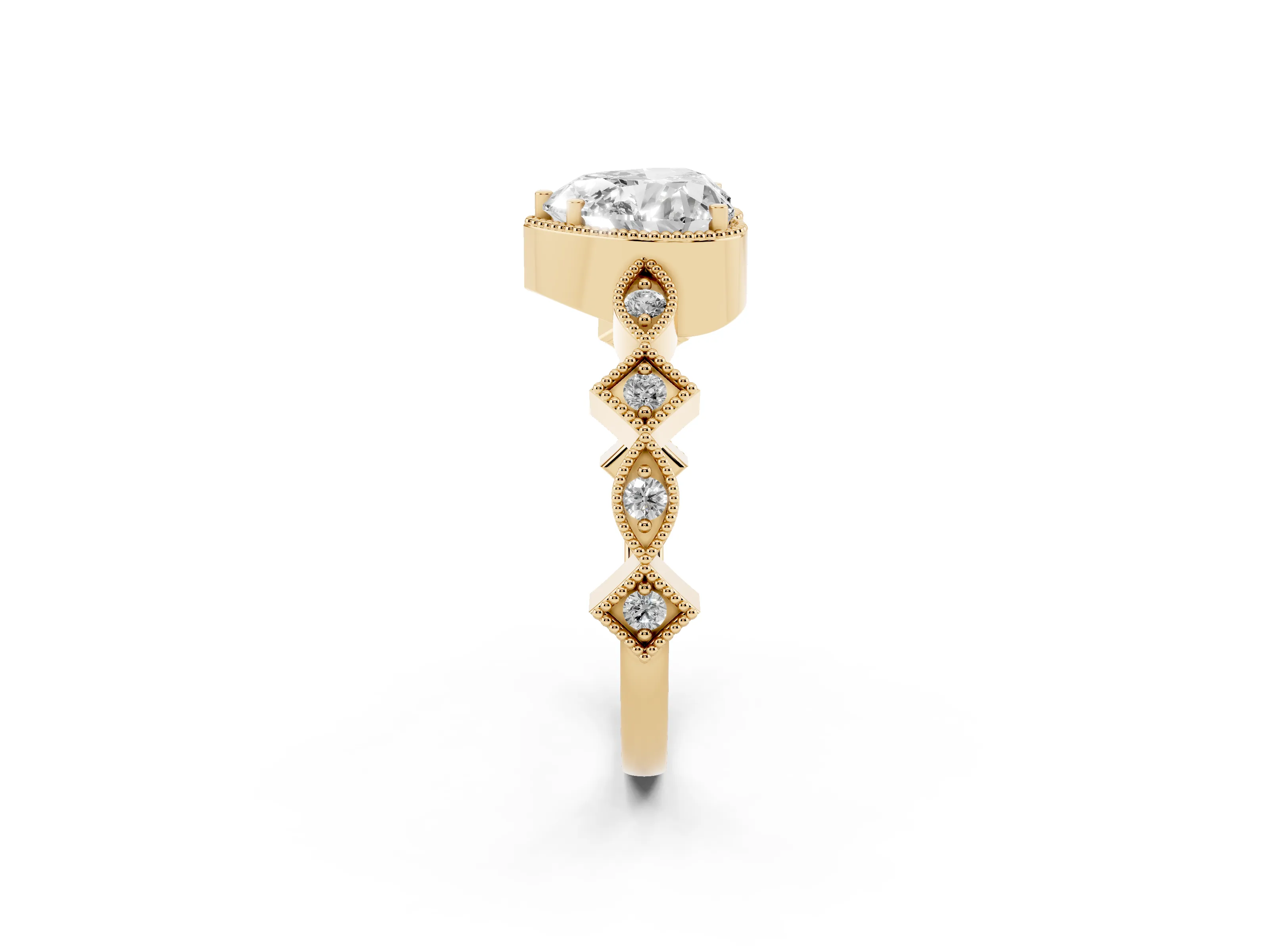 Heart Cut Diamond Milgrain Marquise Twist Band Ring Set in Yellow gold with Prong Setting