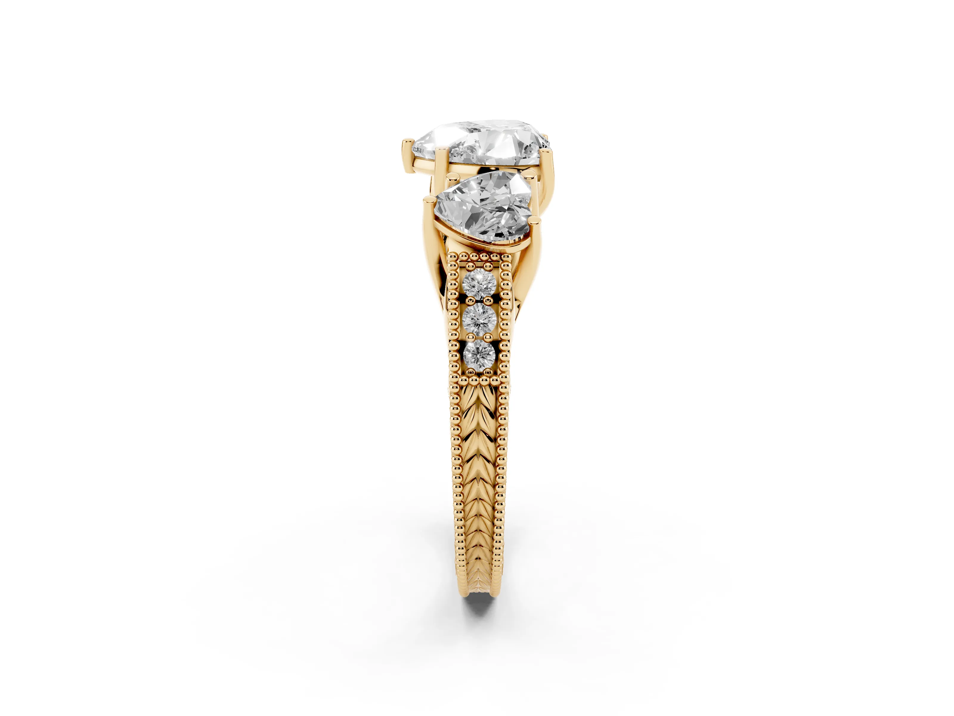 Heart Cut Diamond Three-Stone Engagement Ring Set in Yellow gold with Milgrain Pavé Band