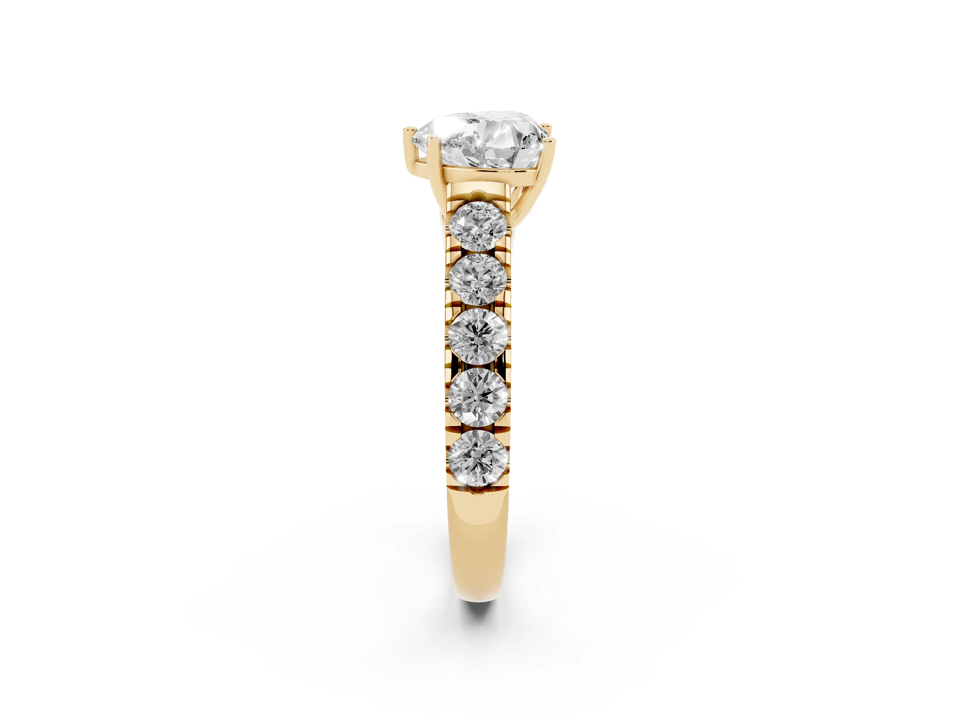 Heart Cut Diamond Solitaire Ring Set in Yellow gold with Cut-Down Micro Pavé Band and Prong Setting