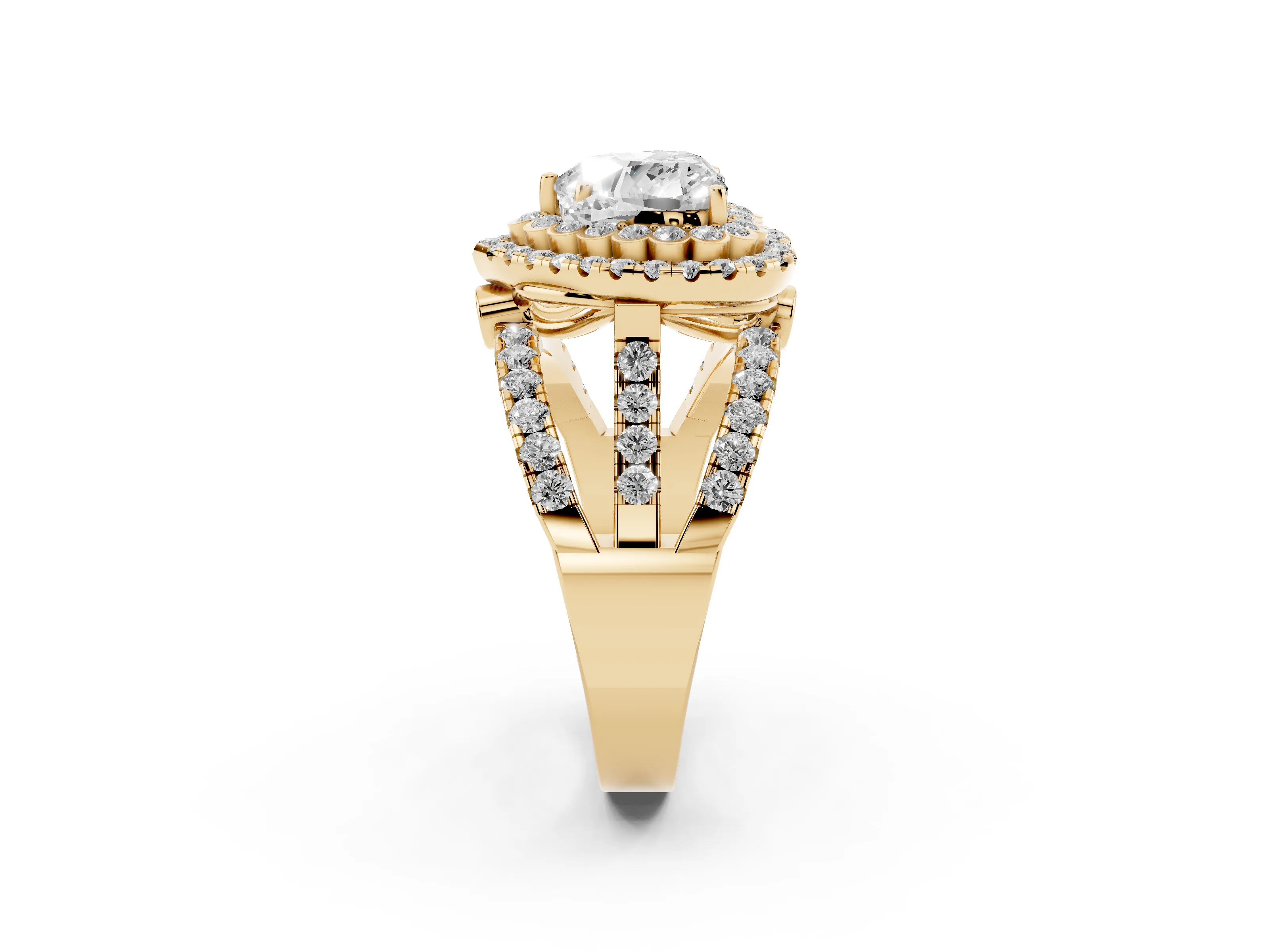 Heart Cut Diamond Double Halo Ring Set in Yellow gold with Round Pavé Split Shank