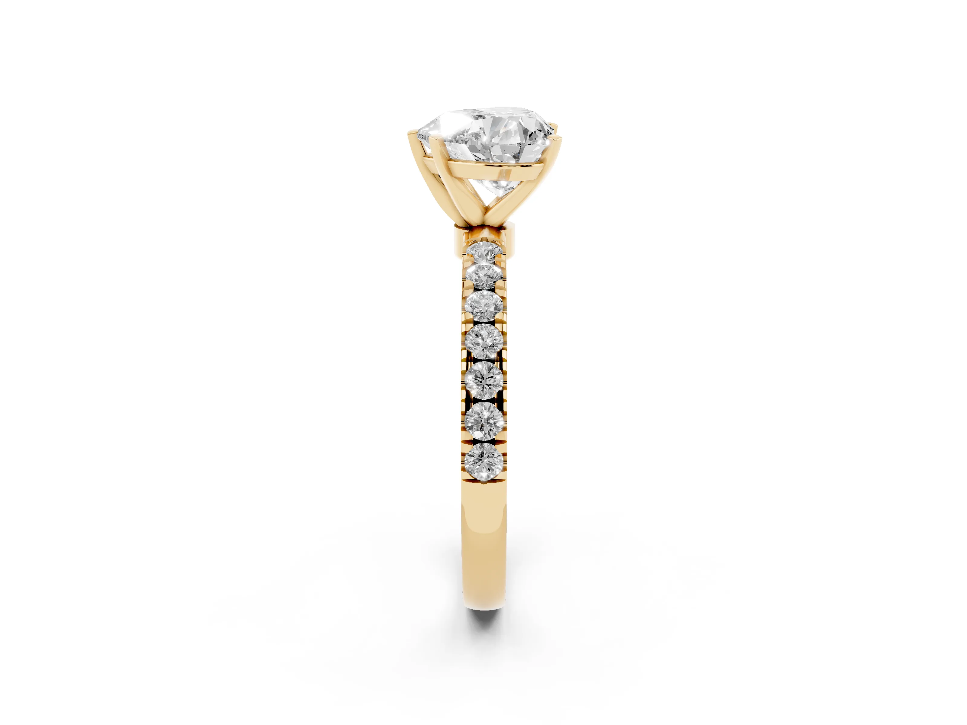 Heart Cut Diamond Solitaire Ring Set in Yellow gold with Pavé Accents and Prong Setting