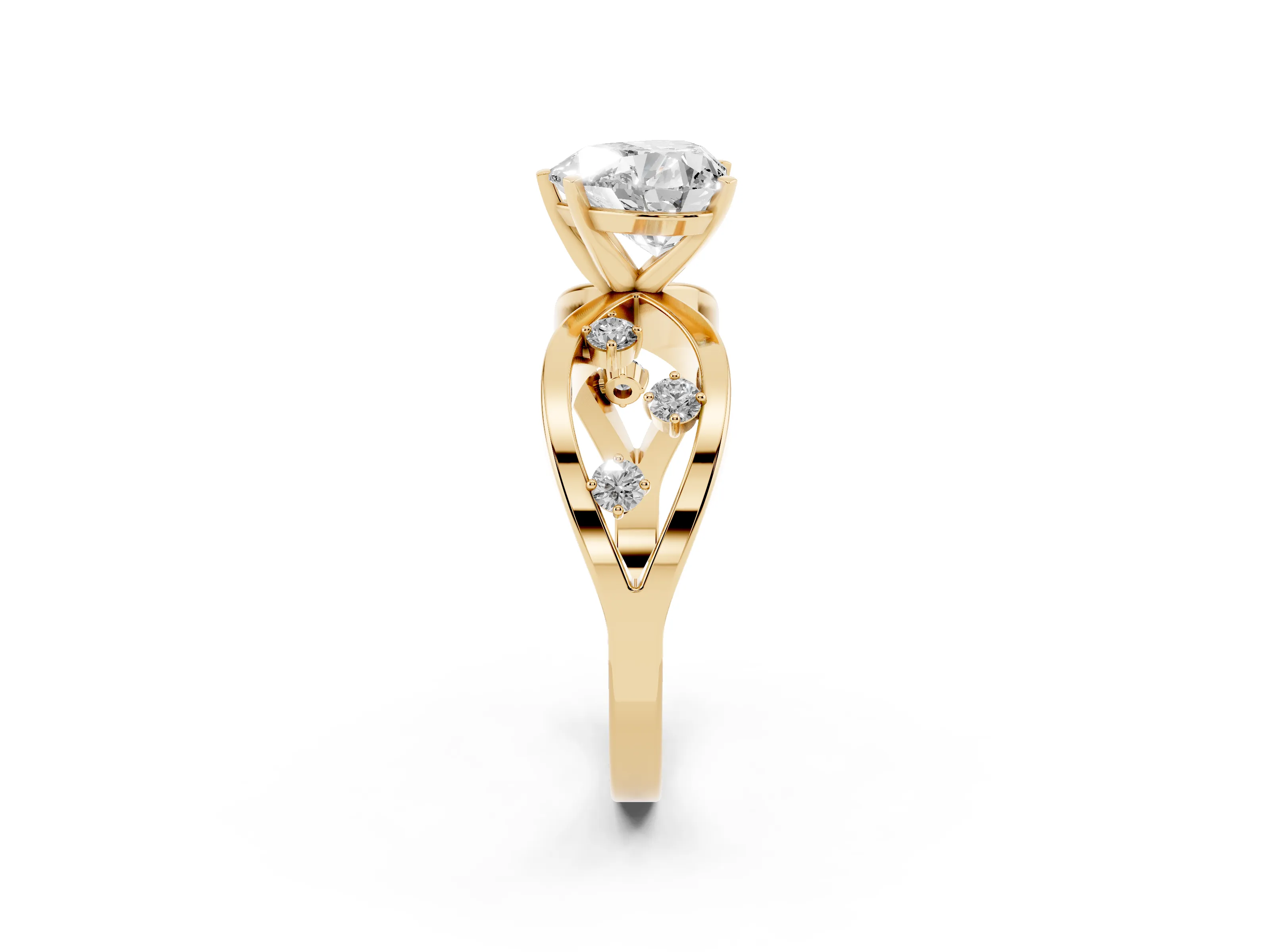 Heart Cut Diamond Solitaire Ring Set in Yellow gold with Side Stones on Criss-Cross Band and Prong Setting