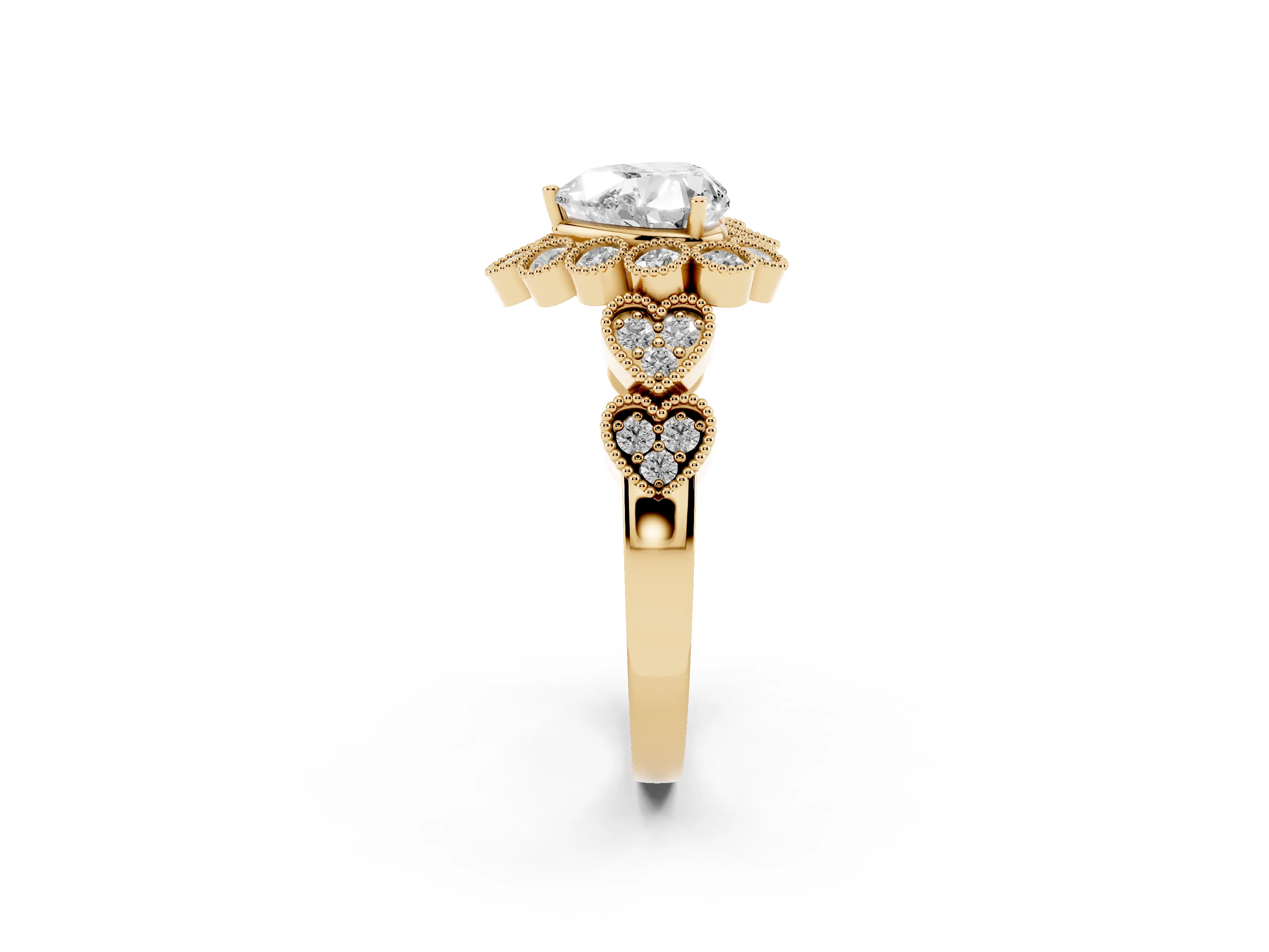 Heart Cut Diamond Solitaire Ring Set in Yellow gold with Milgrain Pavé Heart Band