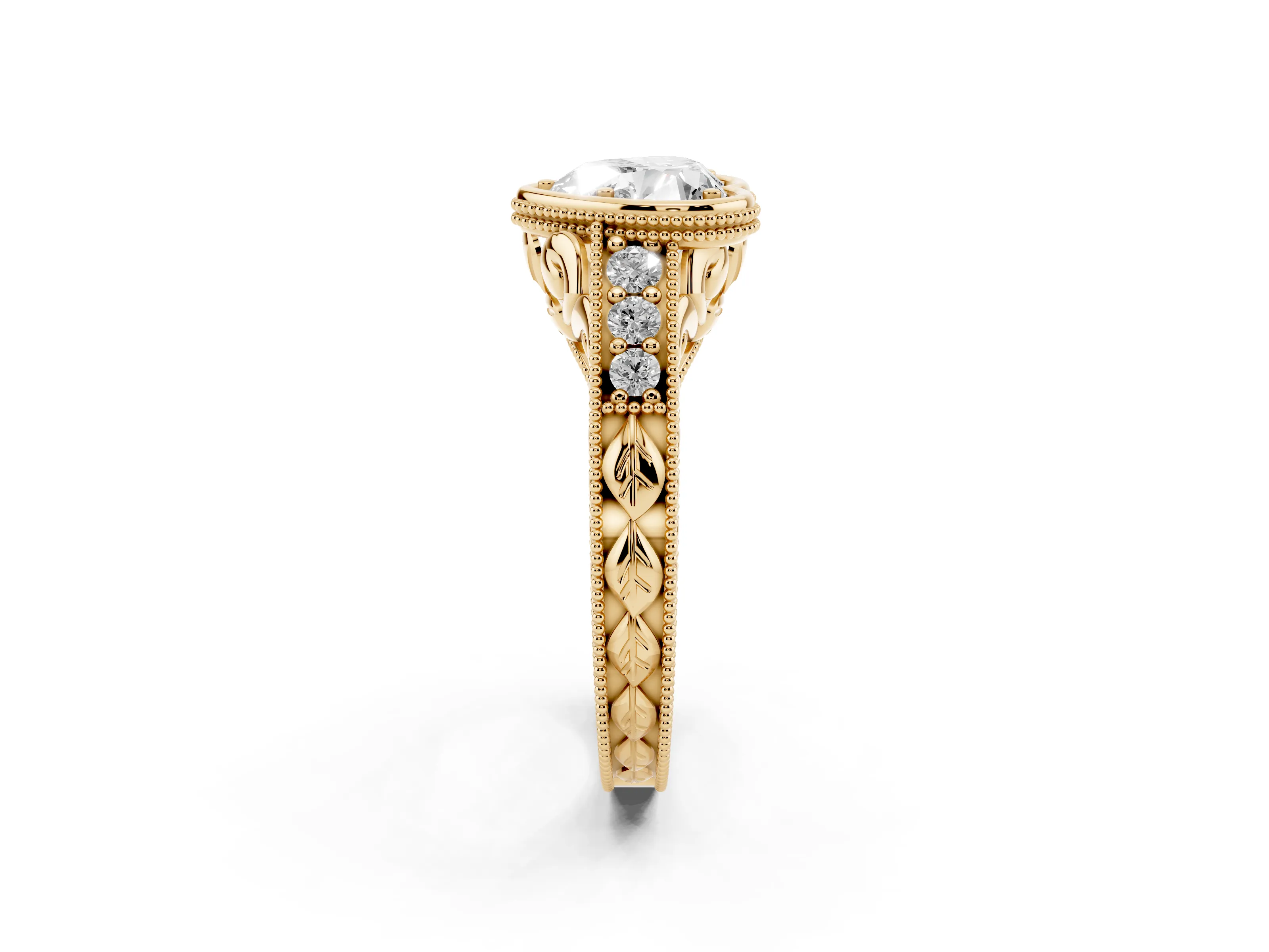 Bezel Set Heart Cut Diamond Milgrain Pavé Engagement Ring Set in Yellow gold
