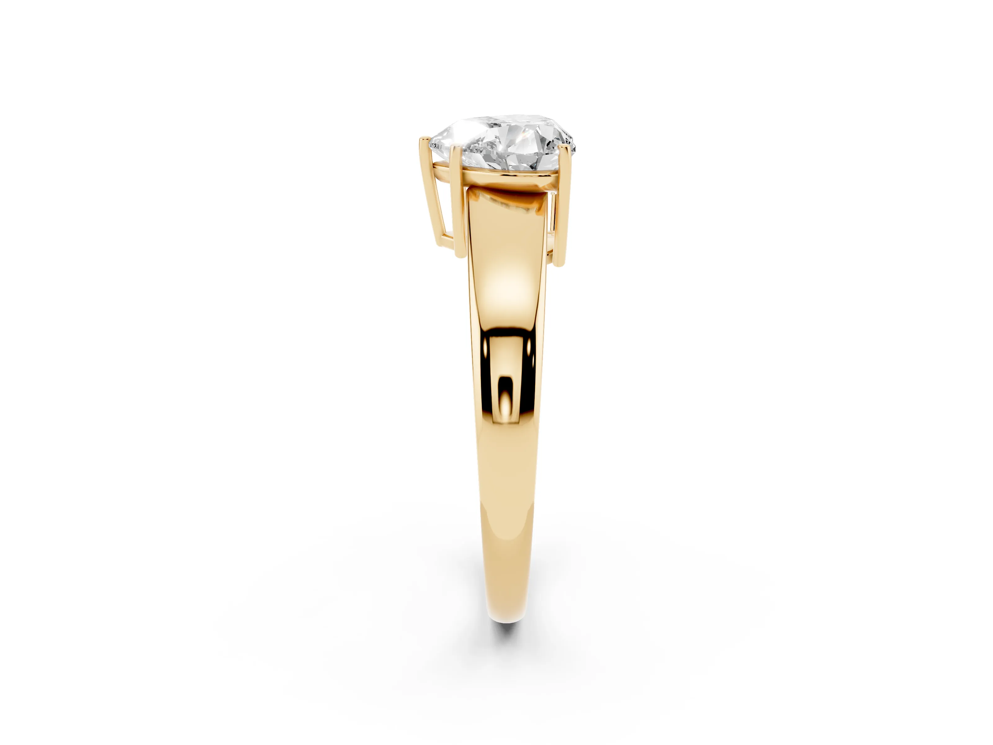 Heart Cut Diamond Solitaire Ring Set in Yellow gold with Tapered Band and Prong Setting