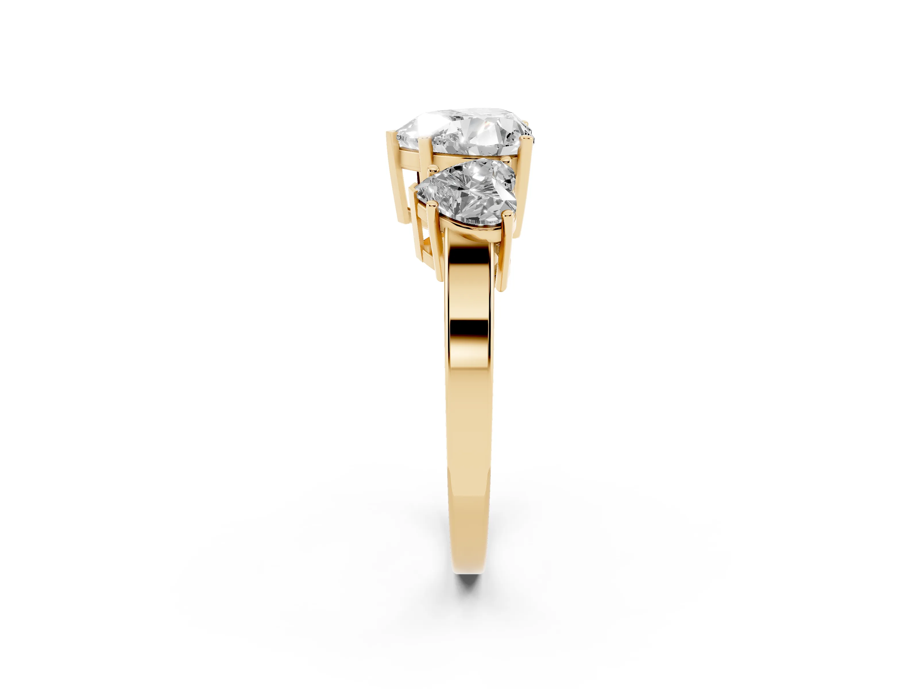 Heart Cut Diamond Three-Stone Engagement Ring Set in Yellow gold with Flat Band