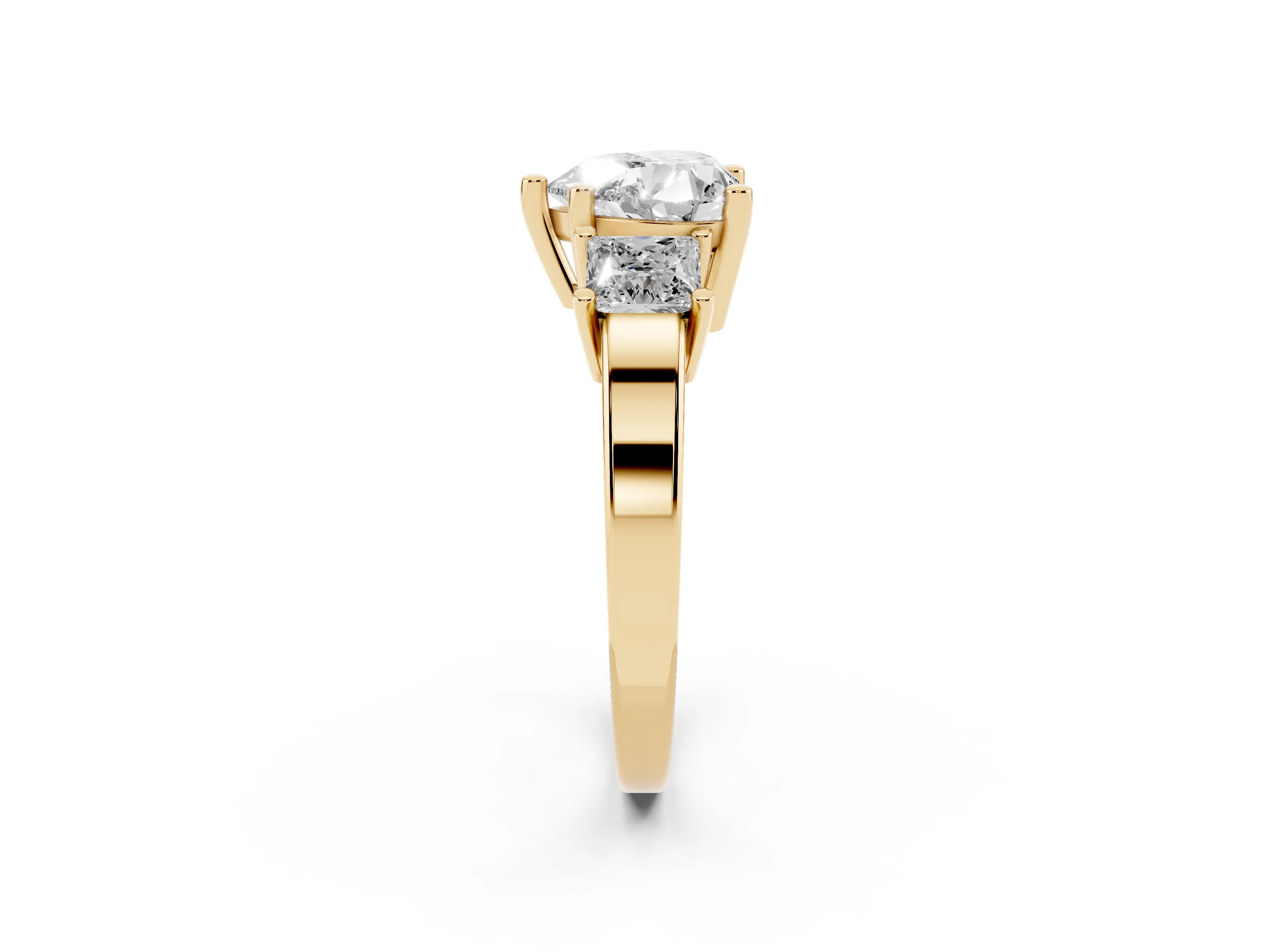 Three-Stone Heart Cut Diamond Solitaire Ring Set in Yellow gold with Prong Setting