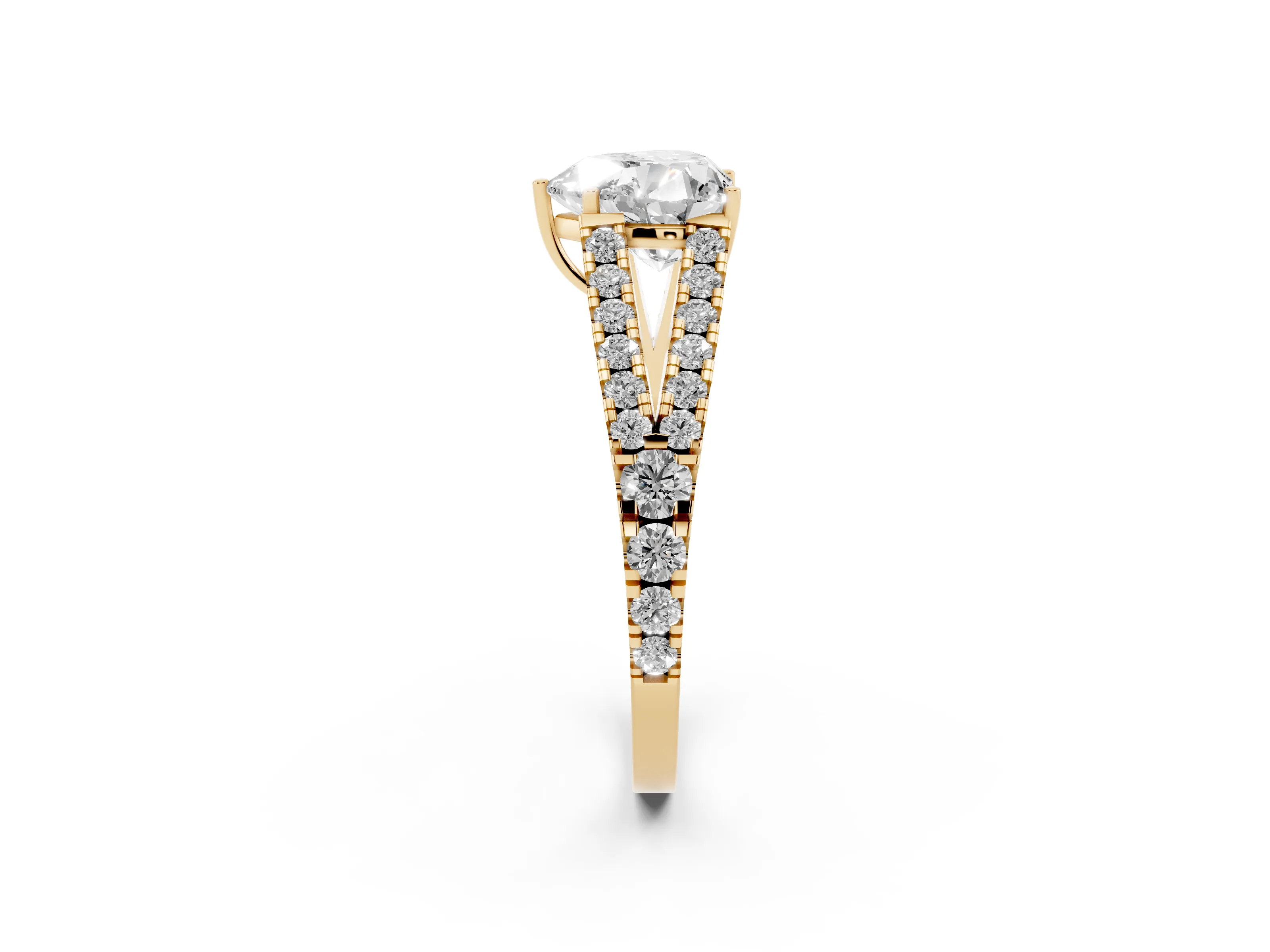 Heart Cut Diamond Split Shank Pavé Engagement Ring Set in Yellow gold with Prong-Held Center Stone