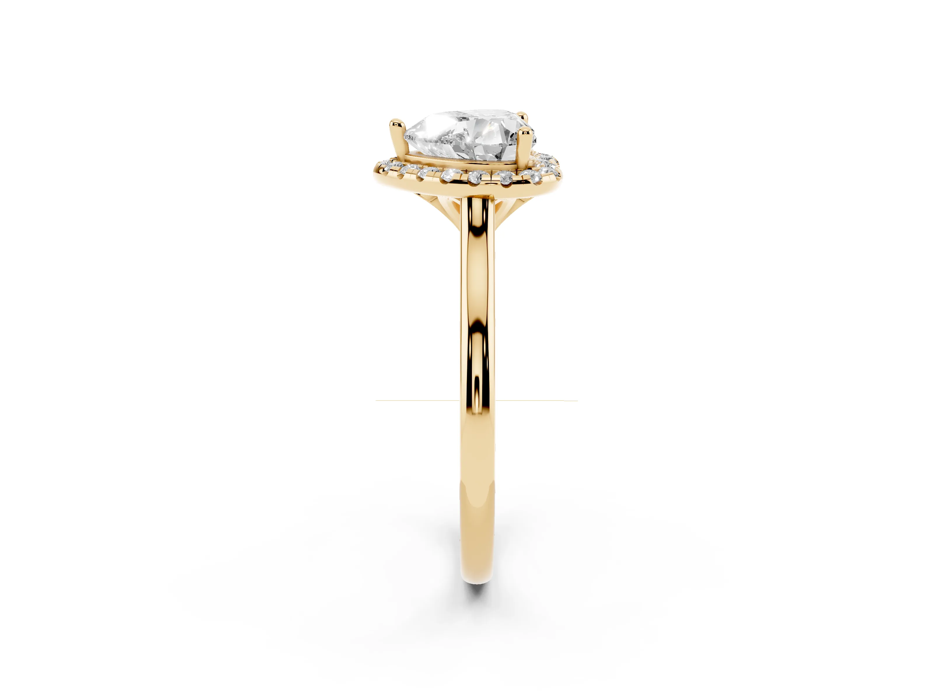 Heart Cut Diamond Halo Engagement Ring Set in Yellow gold with Pavé Band and Rising Shoulders