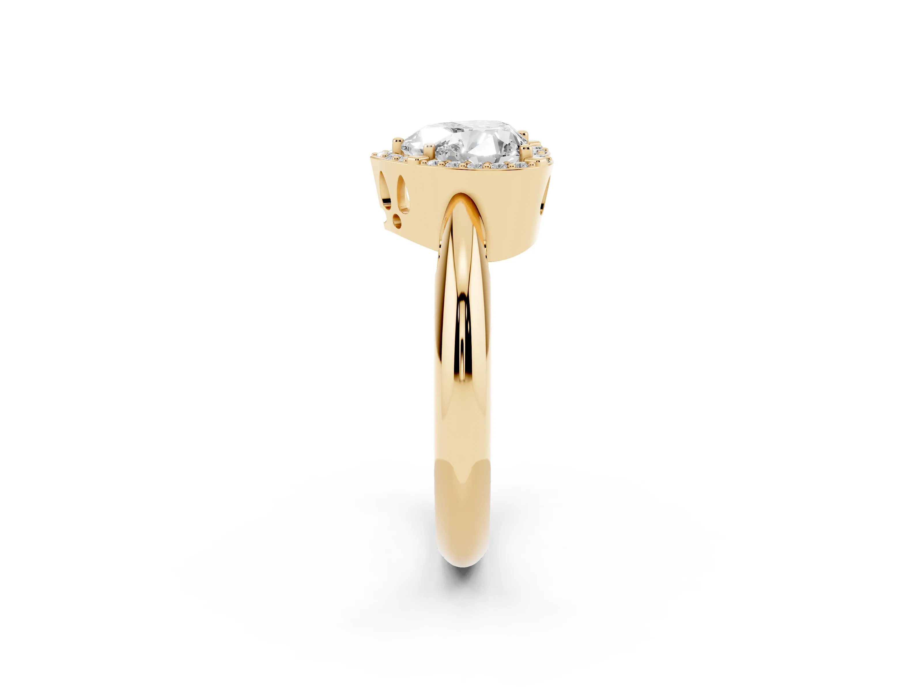 Heart Cut Diamond Halo Engagement Ring Set in Yellow gold with Plain Split Shank and Prong Setting