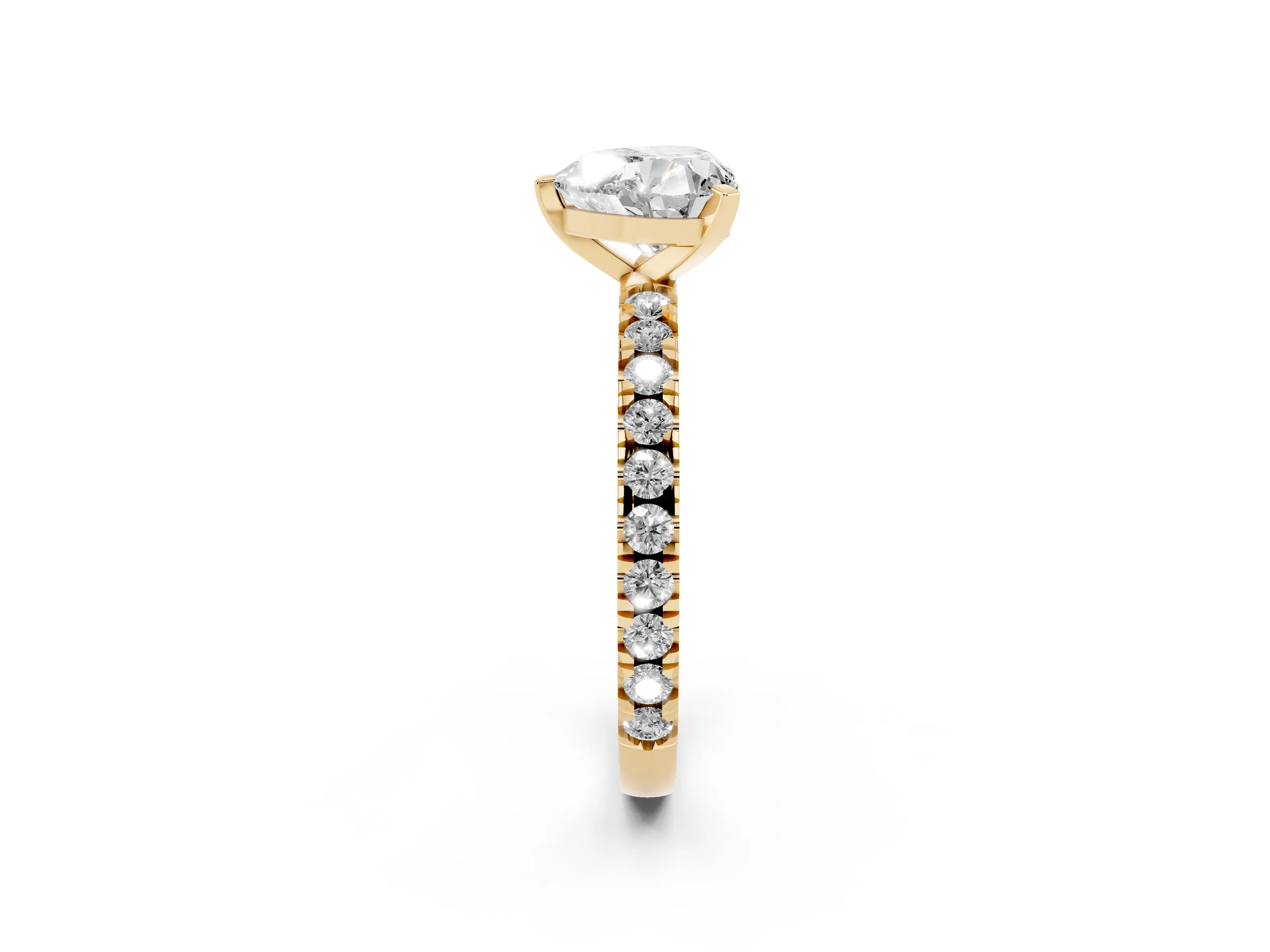 Heart Cut Diamond Pavé Band Solitaire Set in Yellow gold with Prong Setting