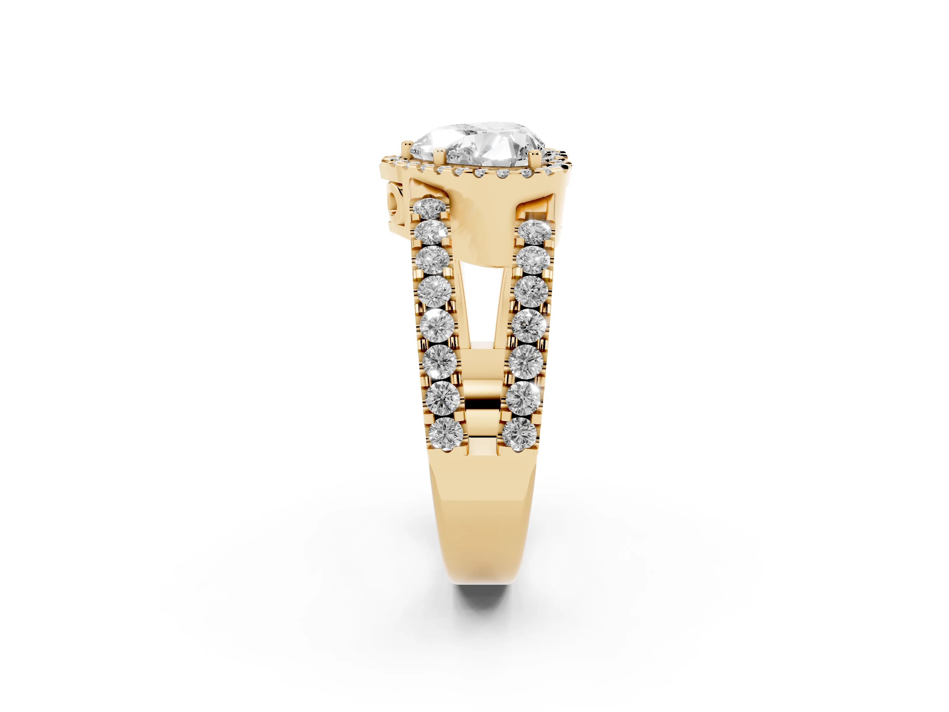 Heart Cut Diamond Halo Ring Set in Yellow gold with Pavé Split Shank and Prong Setting