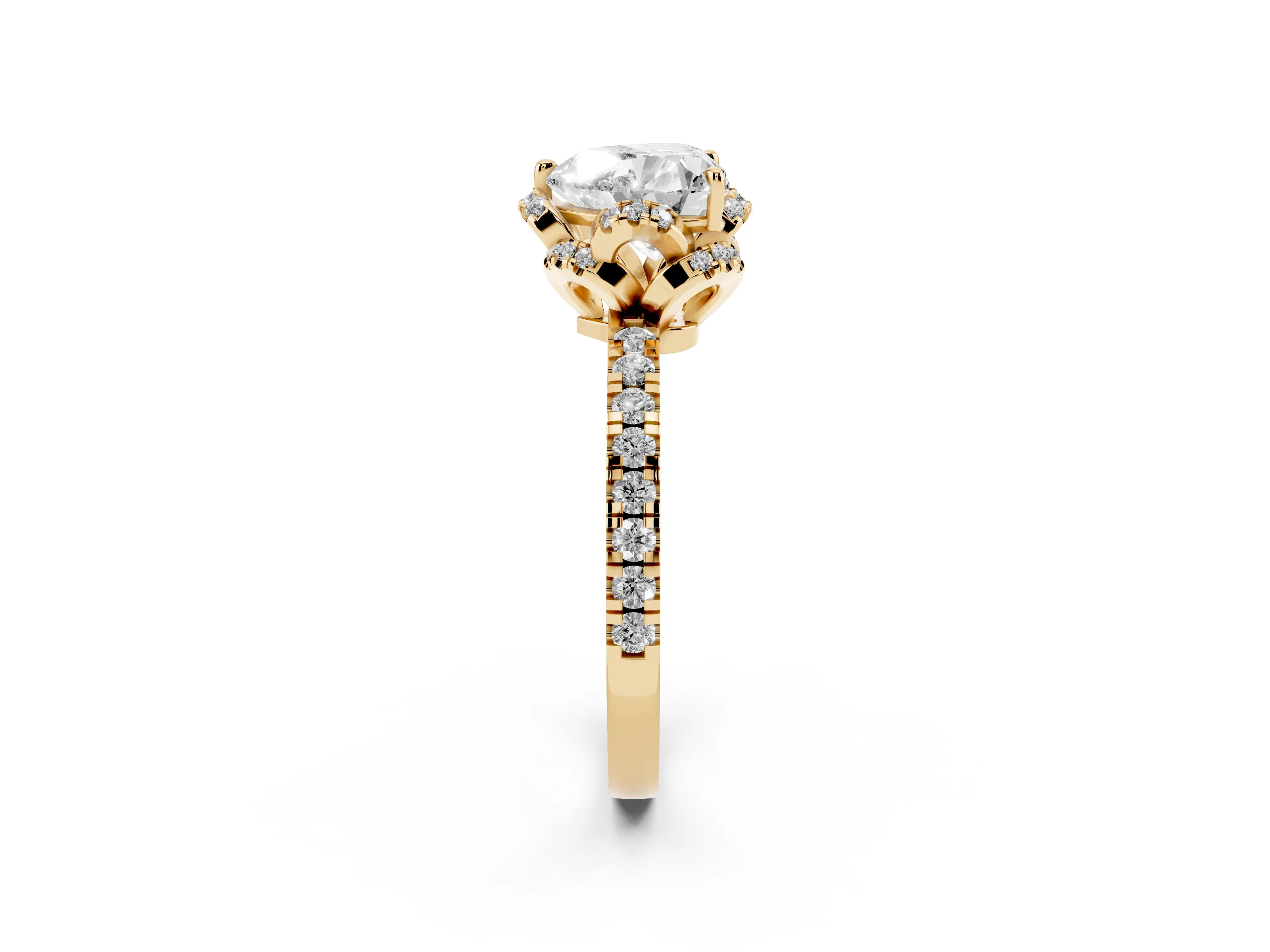 Heart Cut Diamond Halo Pavé Band Ring Set in Yellow gold with Prong-Held Center