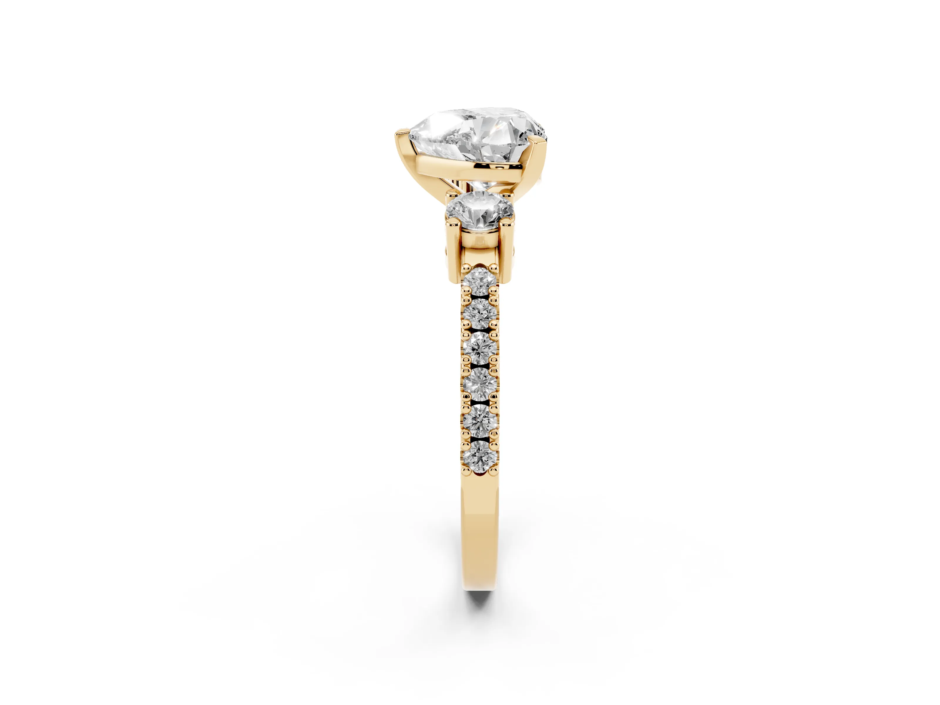 Three-Stone Heart Cut Diamond Pavé Band Ring Set in Yellow gold with Prong Setting