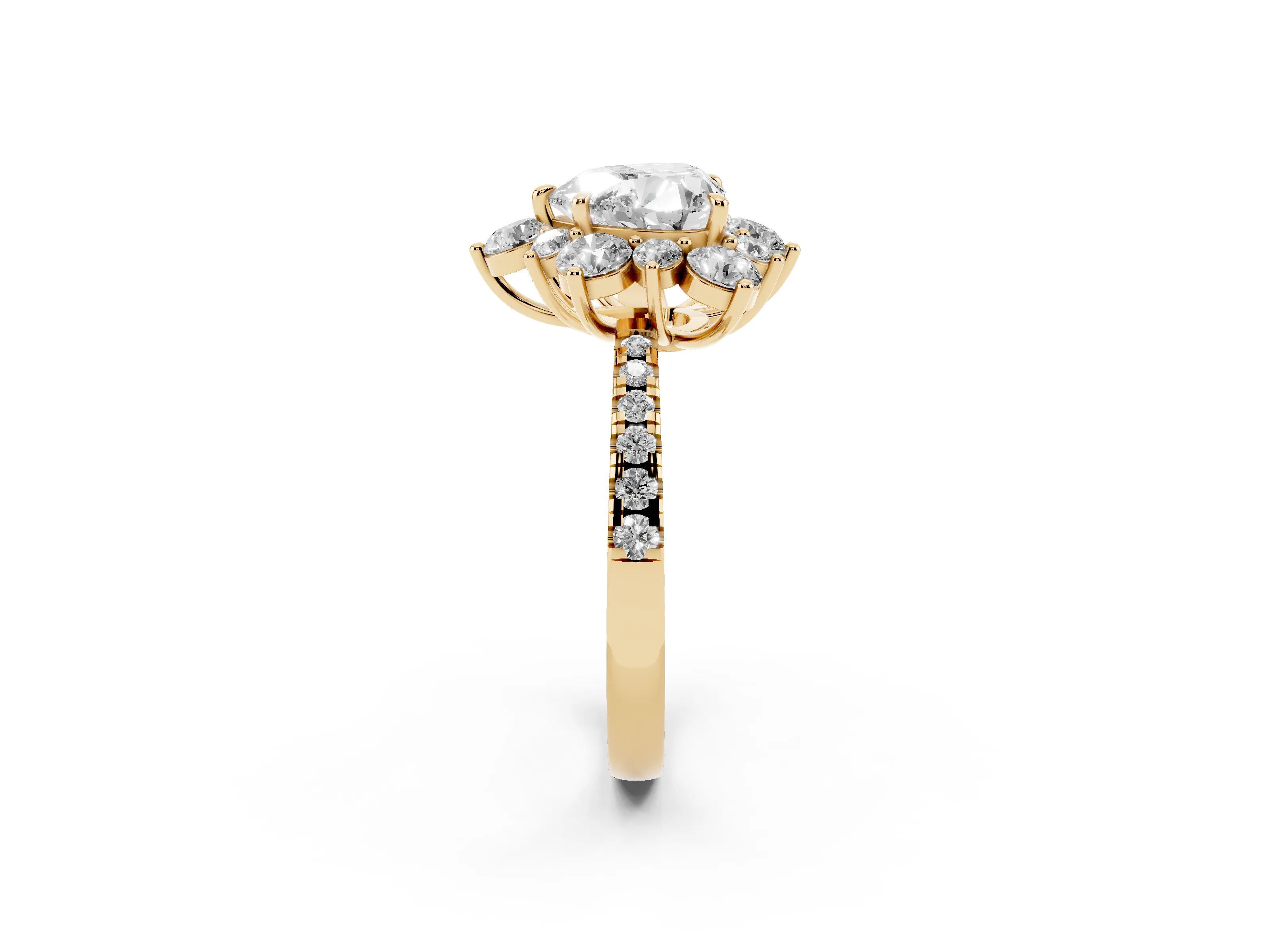 Heart Cut Diamond Floral Halo Ring Set in Yellow gold with Round Pavé Band and Prong Setting
