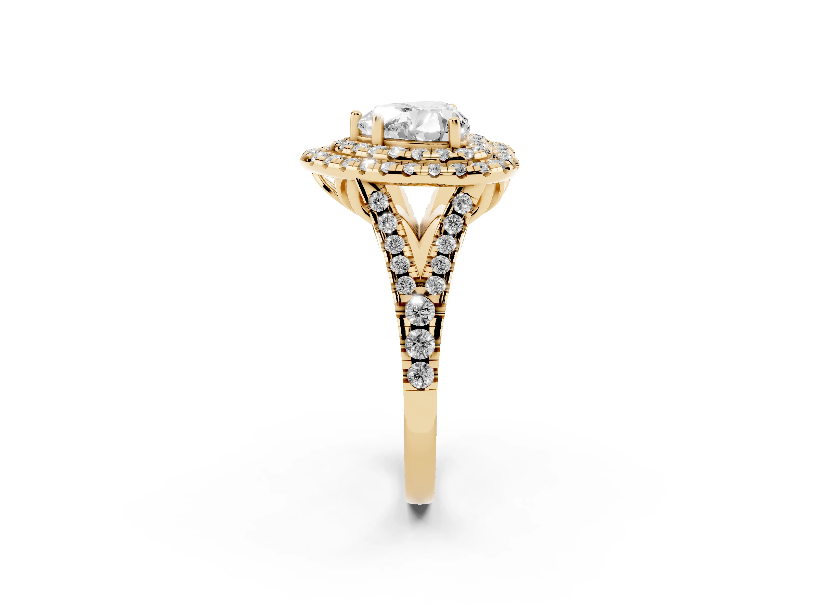 Heart Cut Diamond Double Halo Ring Set in Yellow gold with Pavé Split Shank and Prong Setting