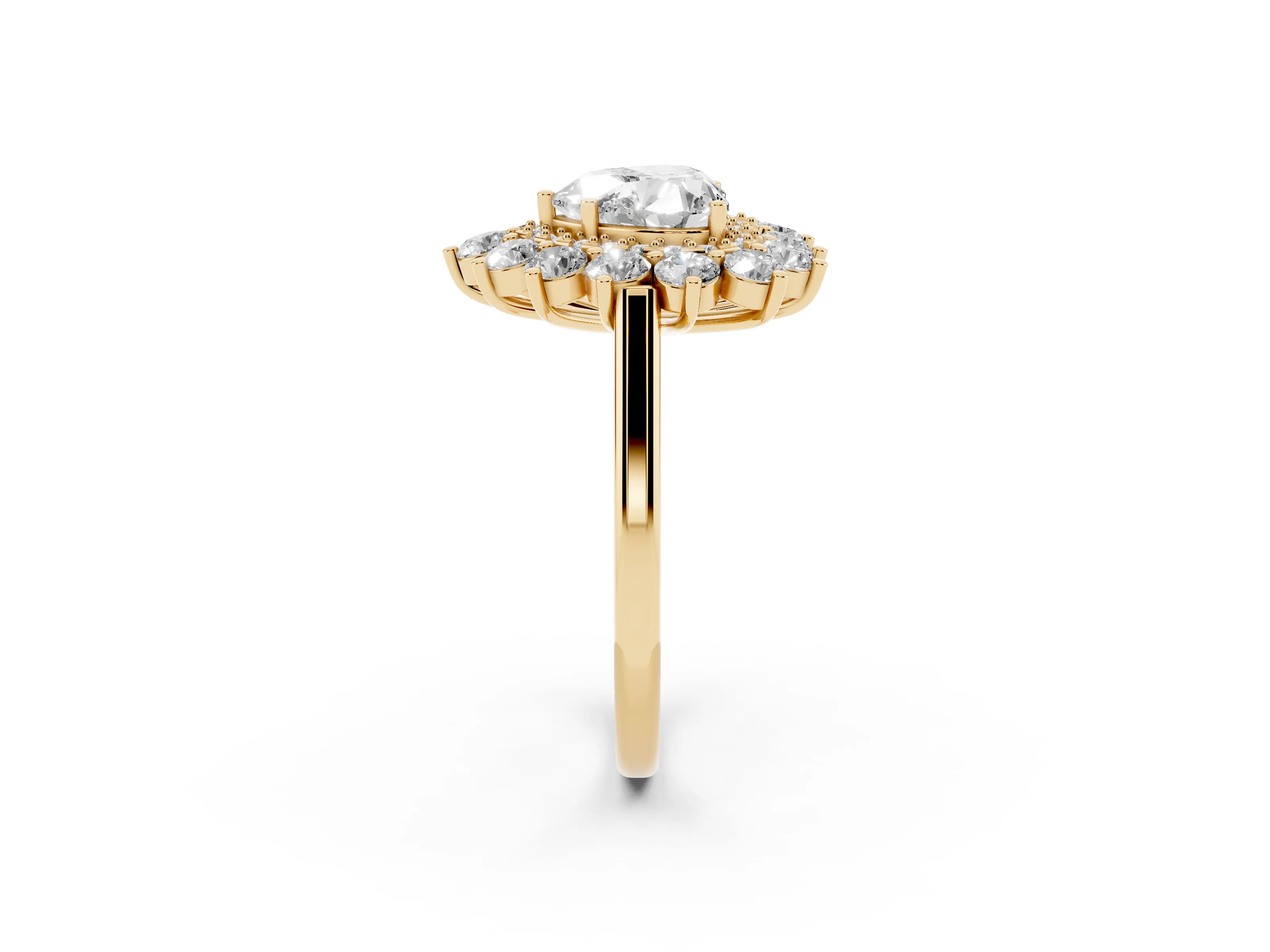 Heart Cut Diamond Floral Double Halo Ring Set in Yellow gold with Round Petals