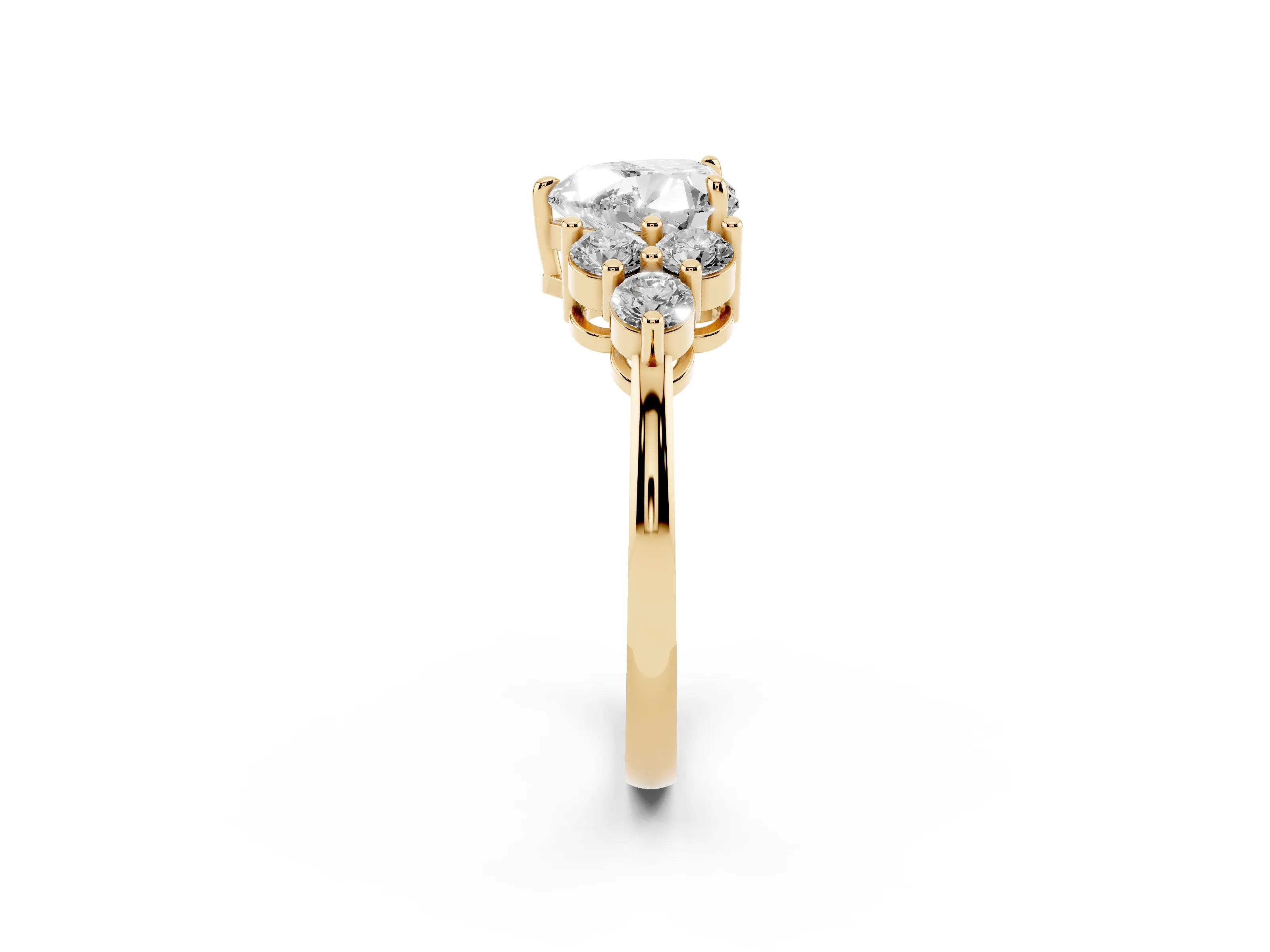Heart Cut Diamond Solitaire Ring Set in Yellow gold with Cluster Accents on Each Side