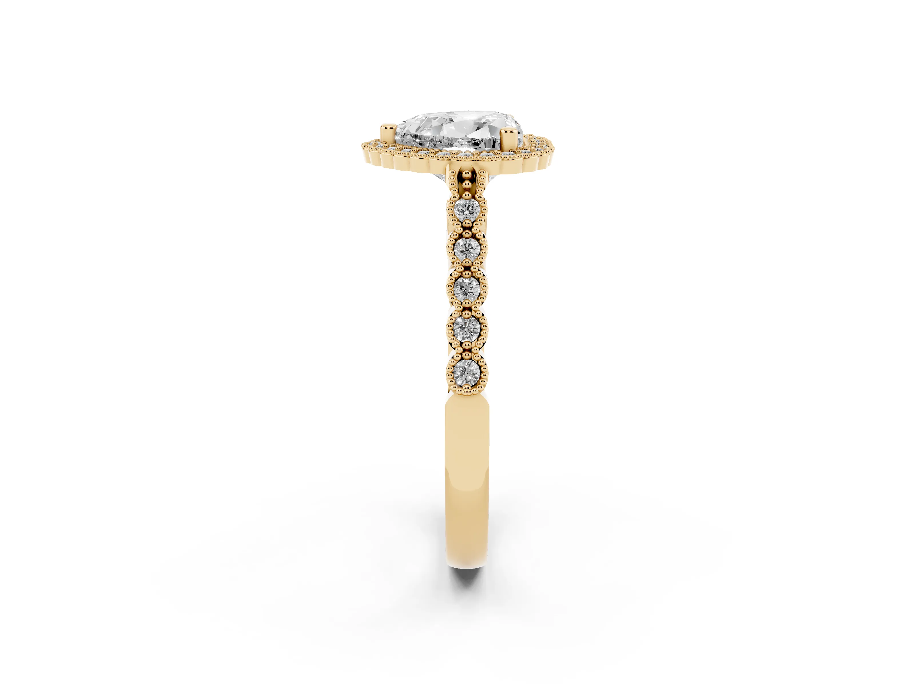 Heart Cut Diamond Halo Ring Set in Yellow gold with Pavé Milgrain Band