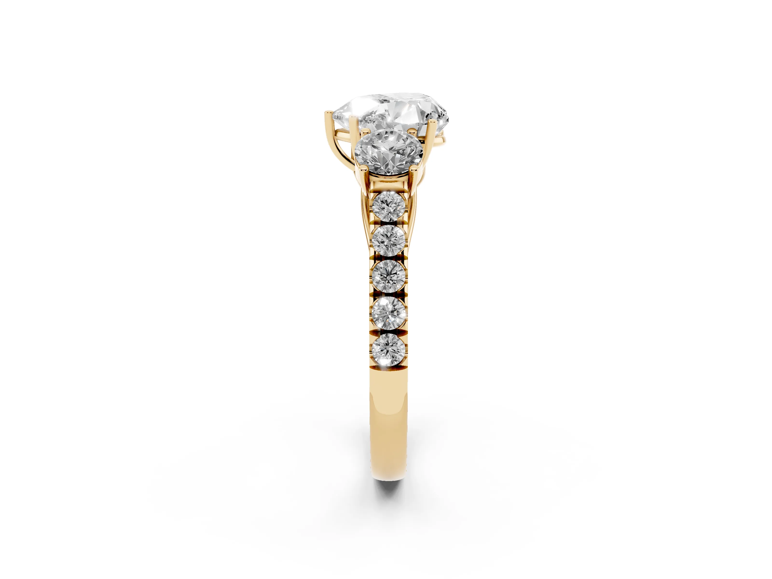 Heart Cut Diamond Three-Stone Ring Set in Yellow gold with Round Side Stones and Delicate Pavé Band