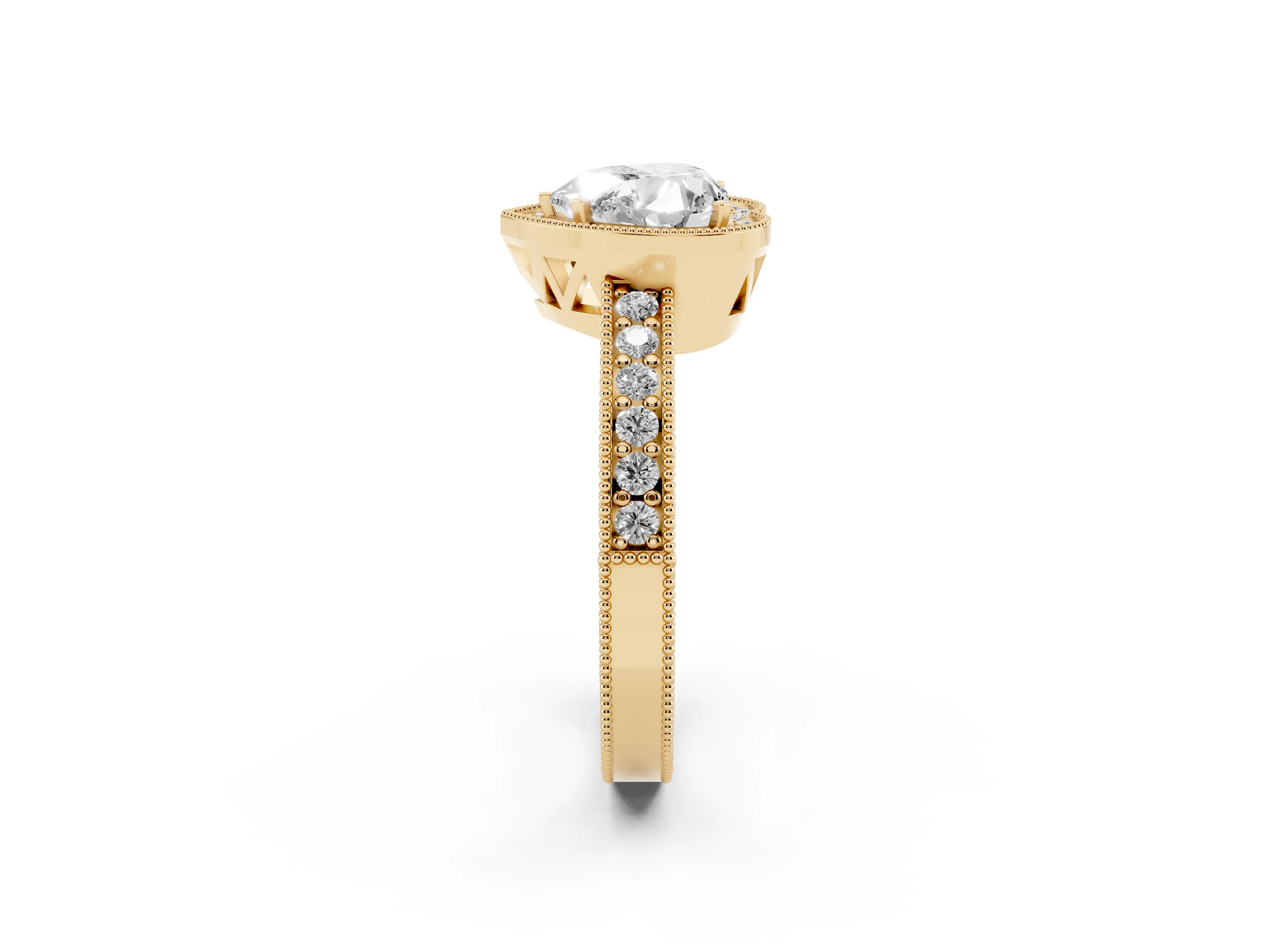 Heart Cut Diamond Halo Pavé Band Ring Set in Yellow gold with Prong-Set Center