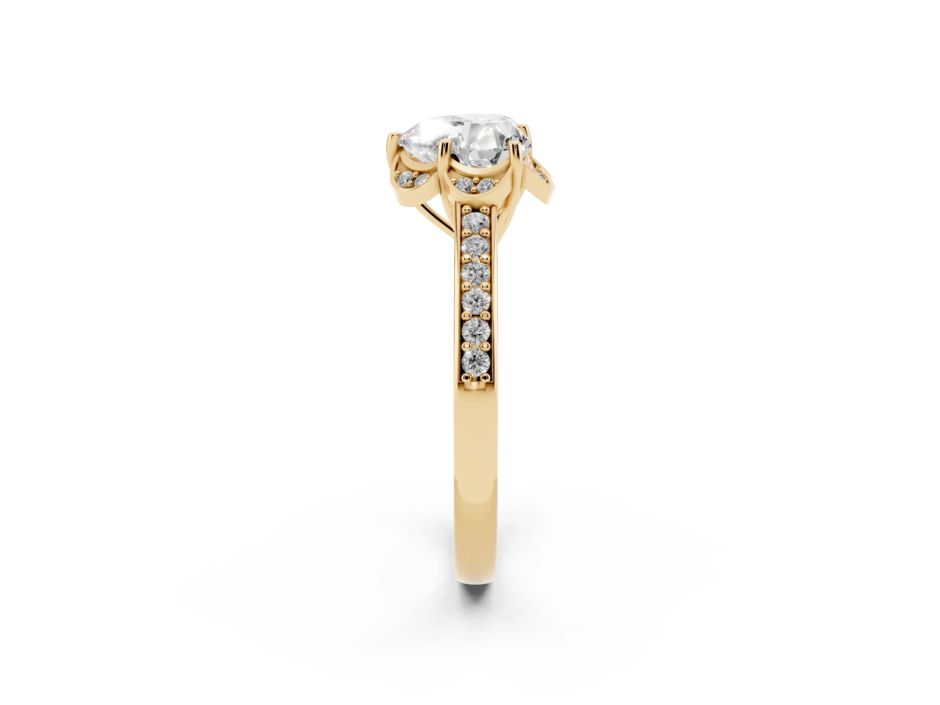 Heart Cut Diamond Halo Ring Set in Yellow gold with Channel Set Band and Prong Setting
