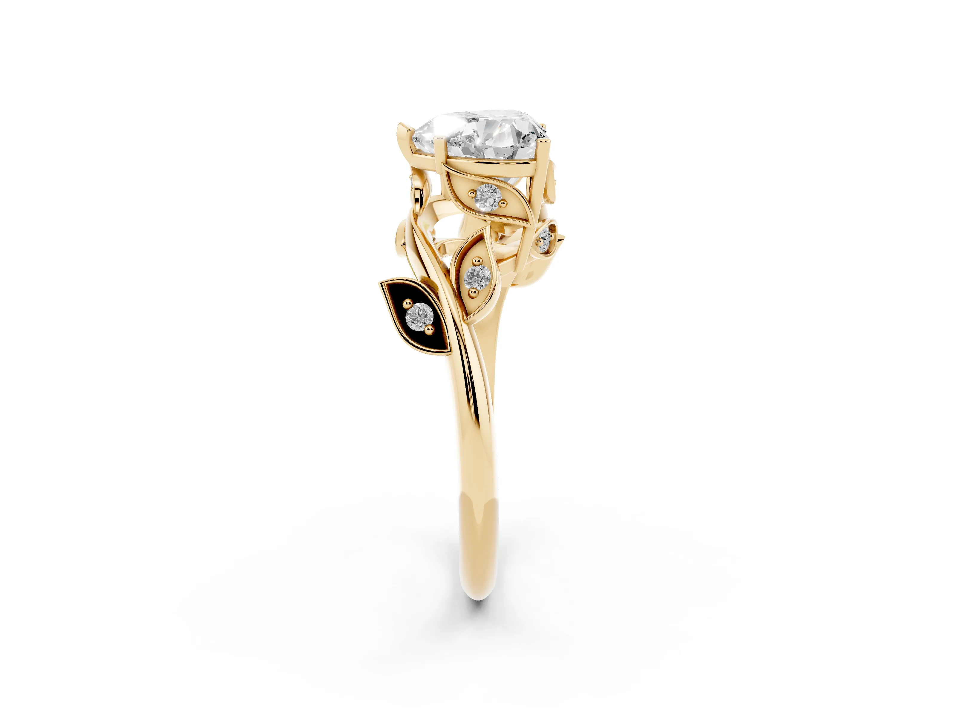 Heart Cut Diamond Solitaire Twist Engagement Ring Set in Yellow gold with Pavé Leaf Accents