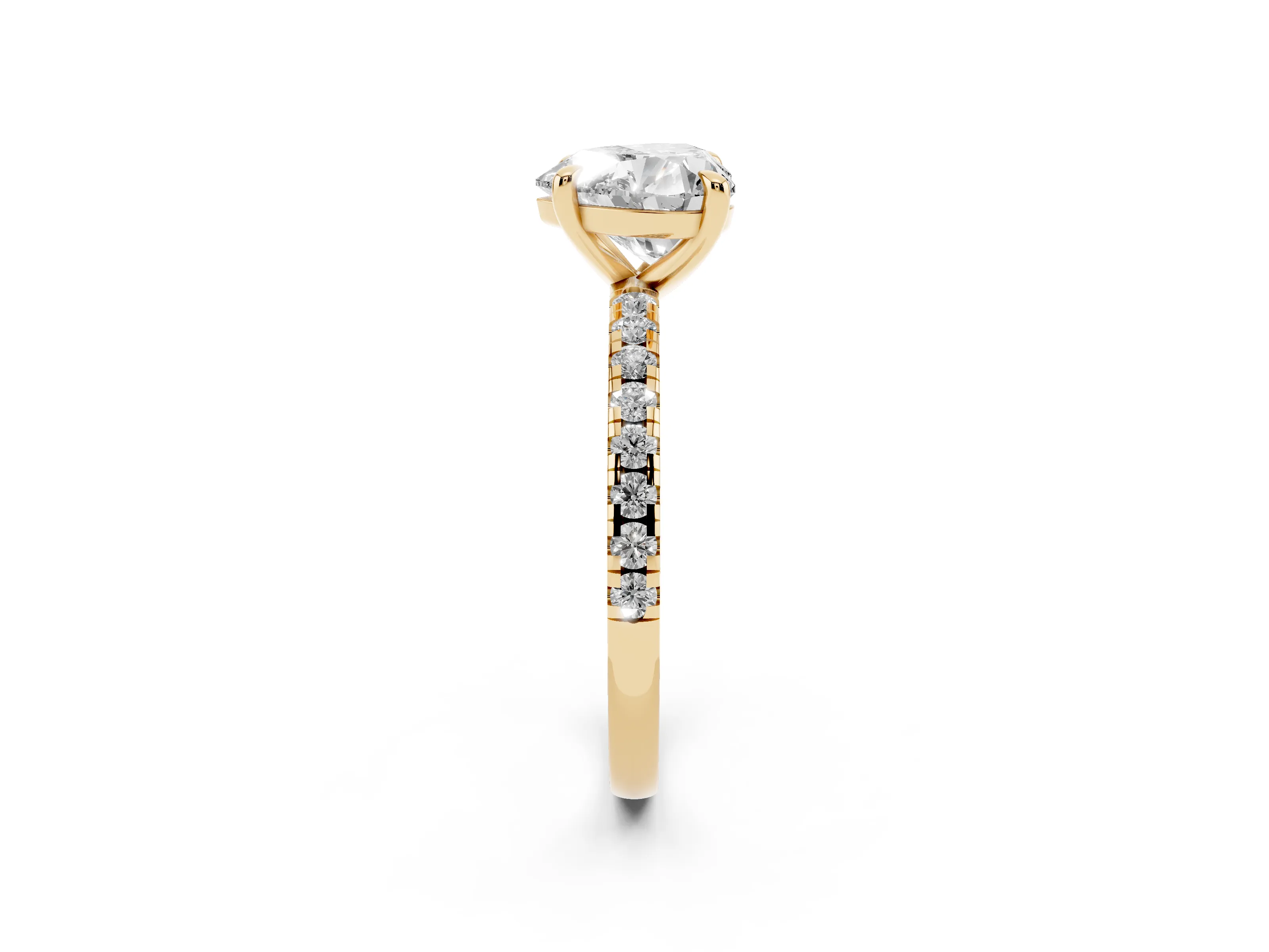 Heart Cut Diamond Brilliant Solitaire Ring Set in Yellow gold with Pavé Band and Prong Setting