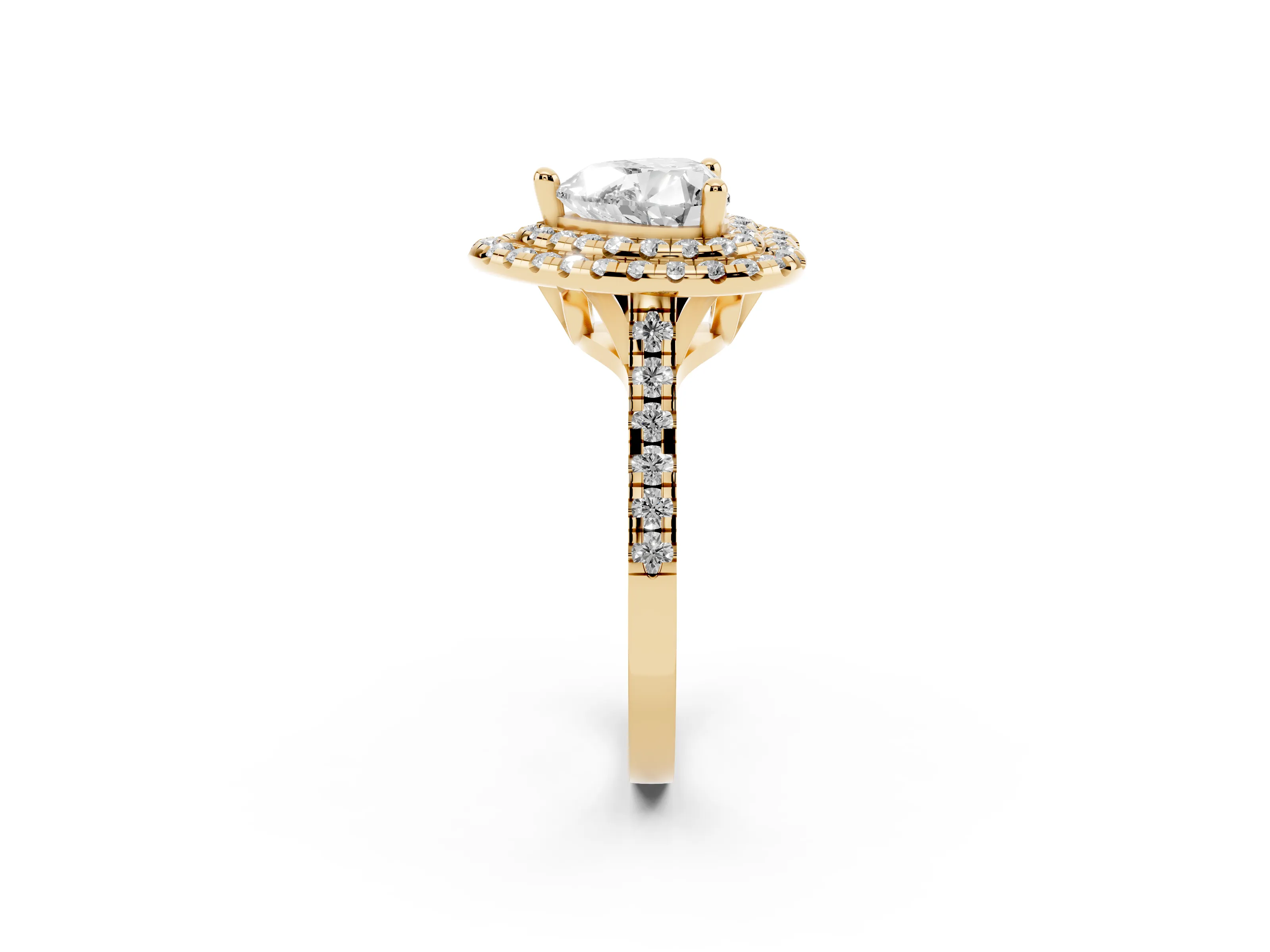 Heart Cut Diamond Double Halo Statement Ring Set in Yellow gold with Pavé Band