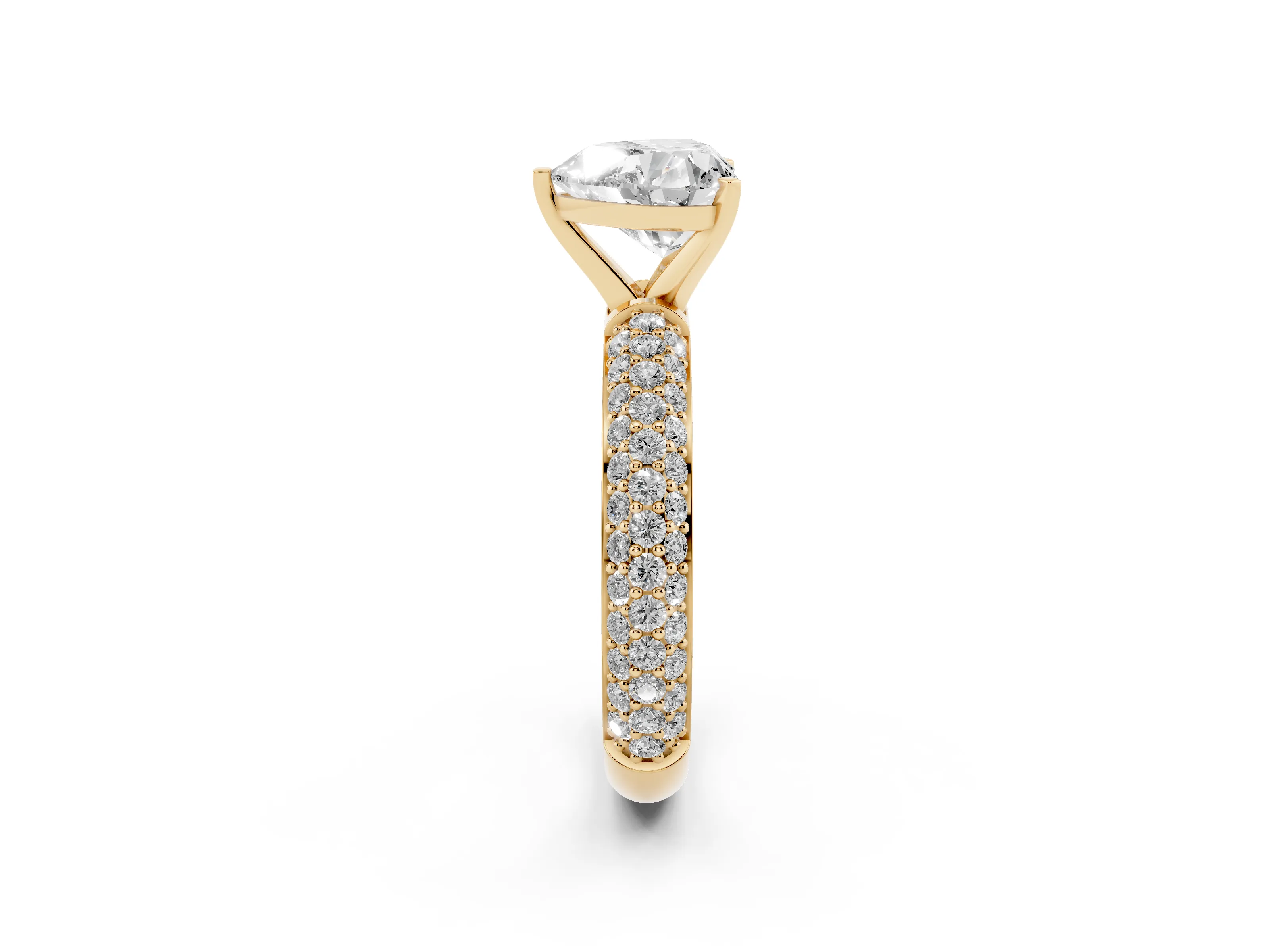 Heart Cut Diamond Solitaire Ring Set in Yellow gold with Prong Setting and Pavé-Set Band