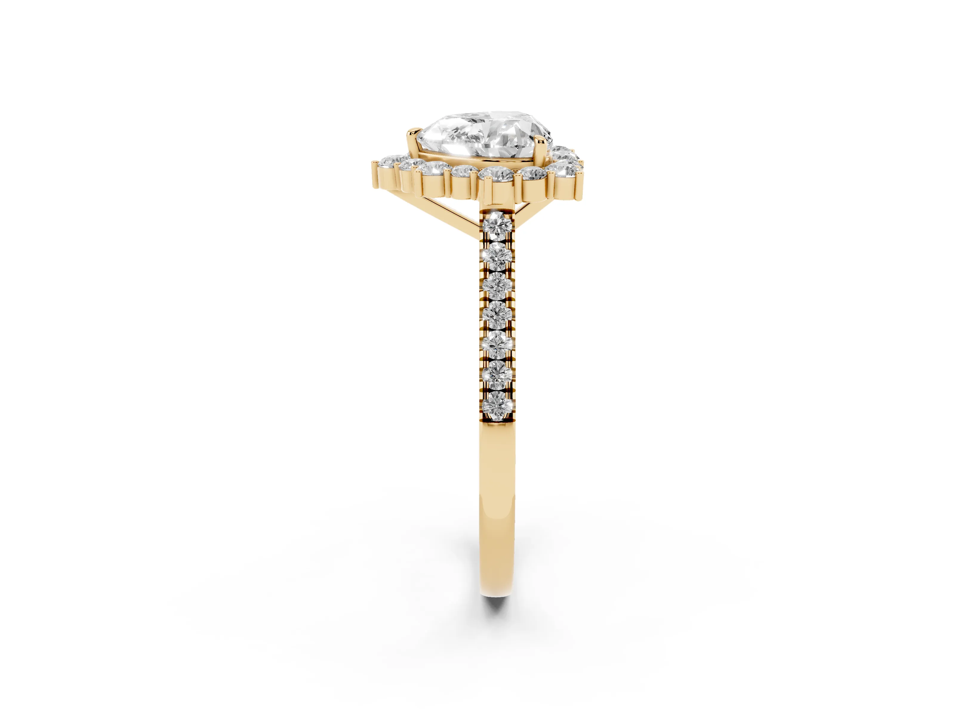 Heart Cut Diamond Halo Ring Set in Yellow gold with Pavé Band and Prong Setting
