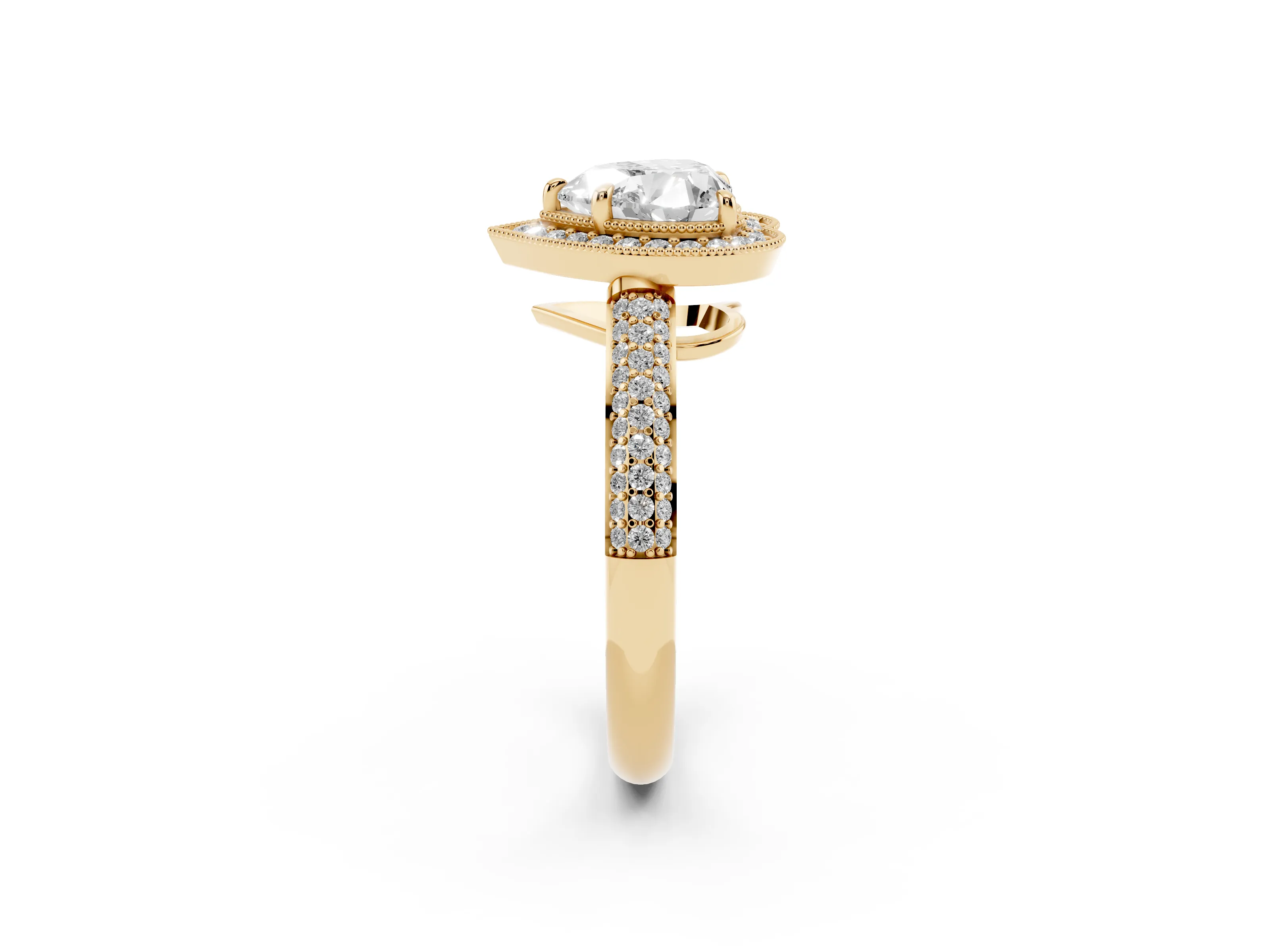 Heart Cut Diamond Halo Pavé Band Set in Yellow gold with Prong Setting
