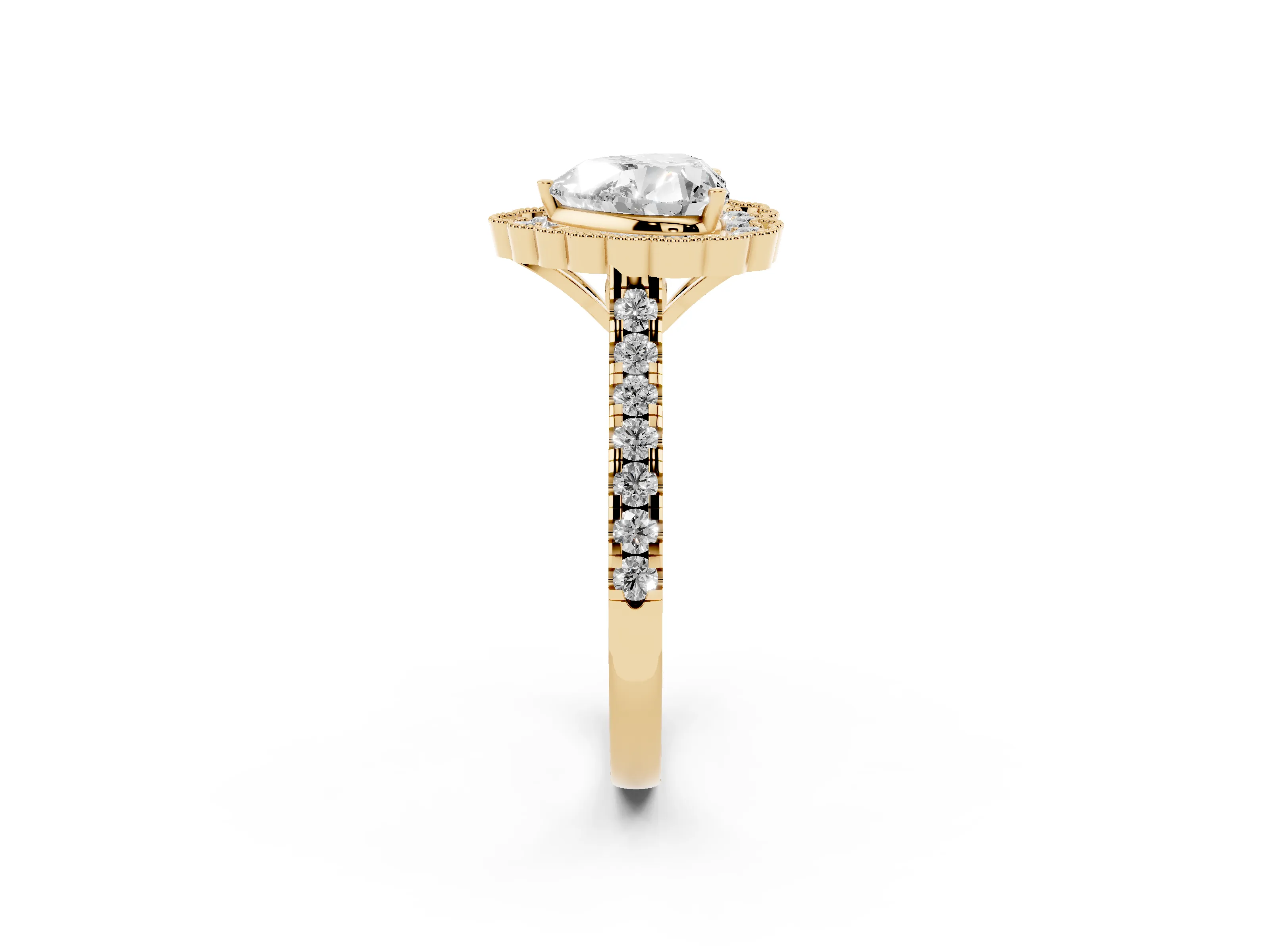 Heart Cut Diamond Milgrain Floral Halo Engagement Ring Set in Yellow gold with Pavé Band
