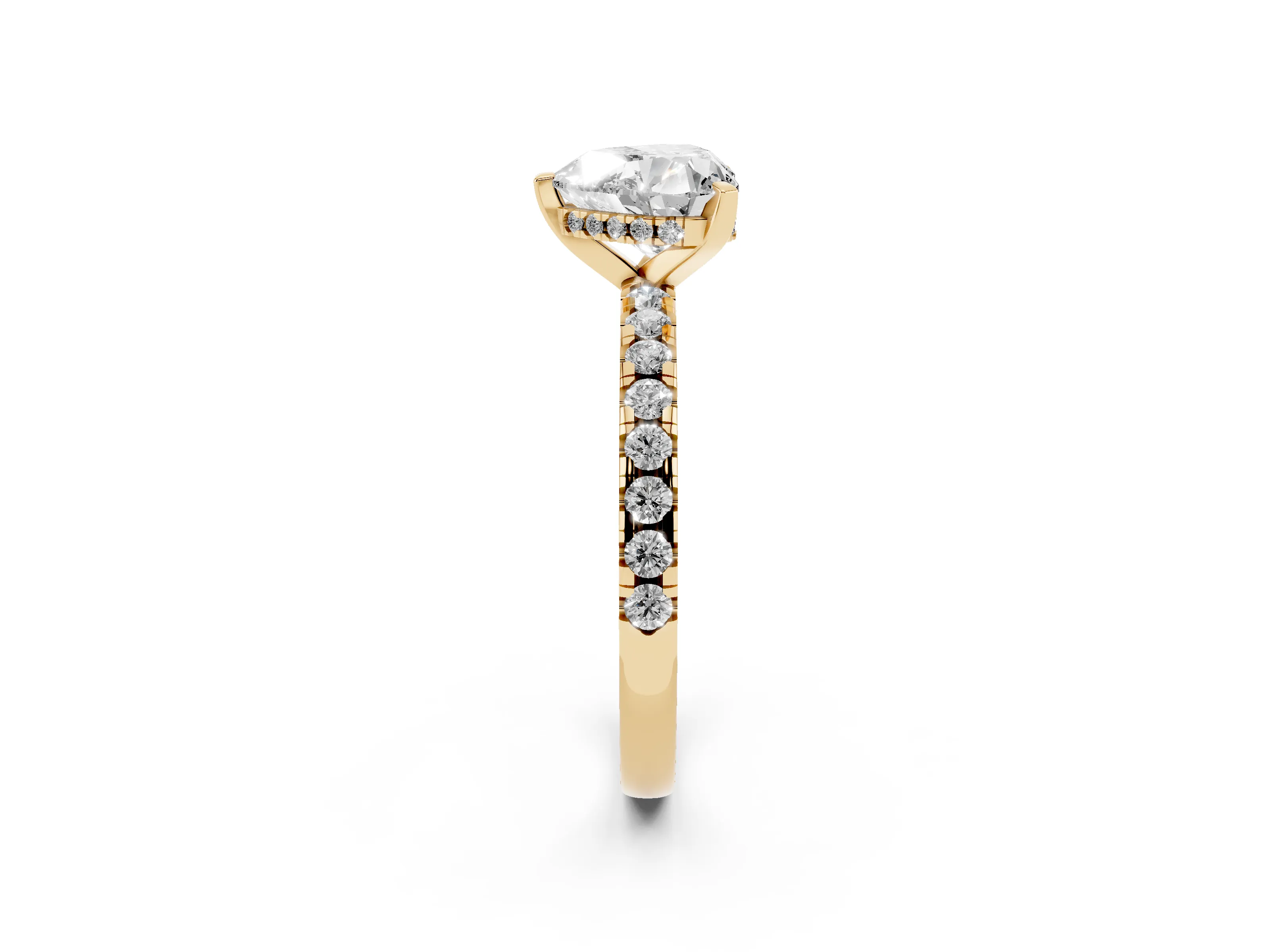 Heart Cut Diamond Pavé Solitaire Ring Set in Yellow gold with Round Band Accents and Prong Setting