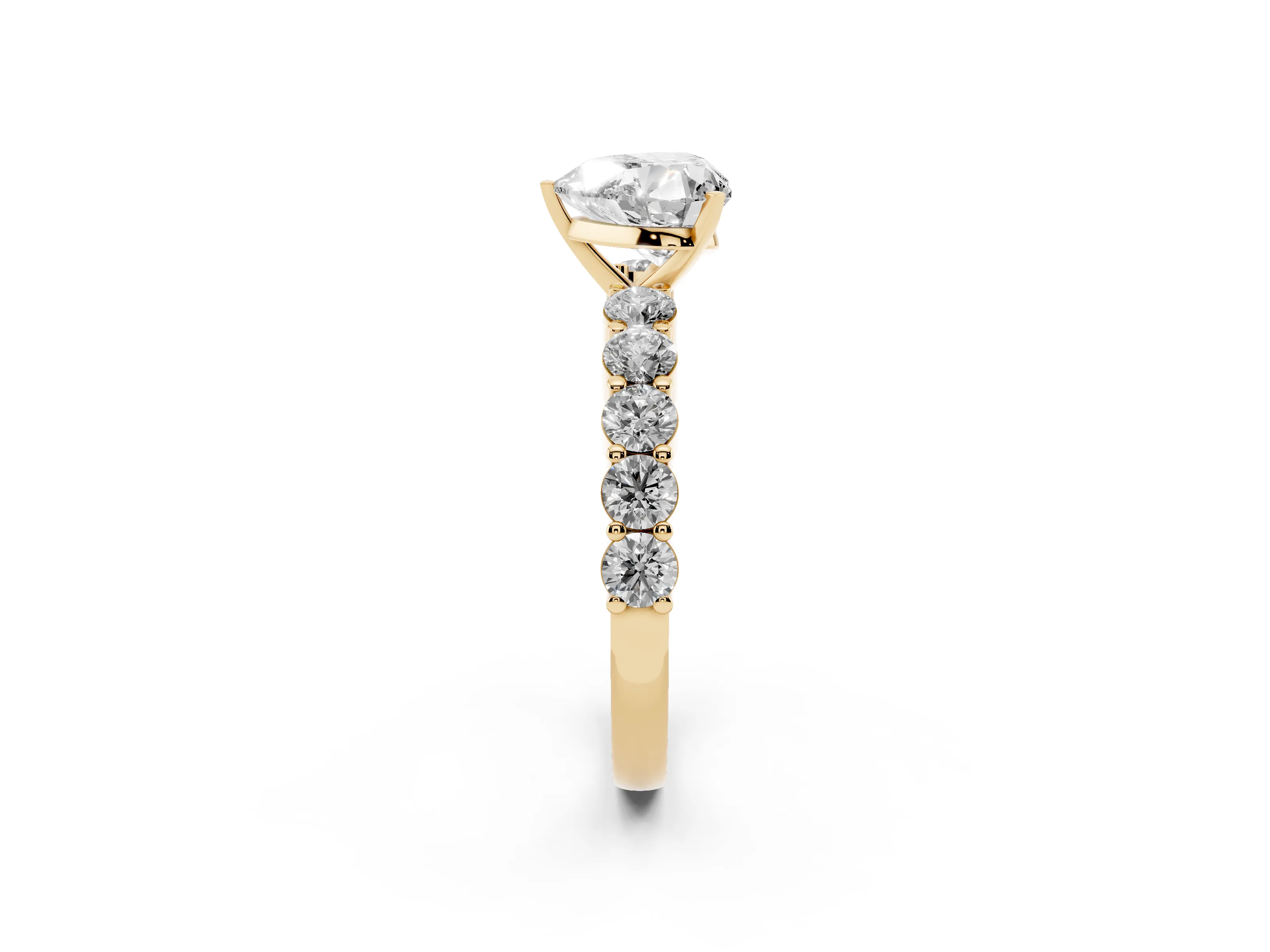Heart Cut Diamond Solitaire Ring Set in Yellow gold with Shared Prong Round Side Stones