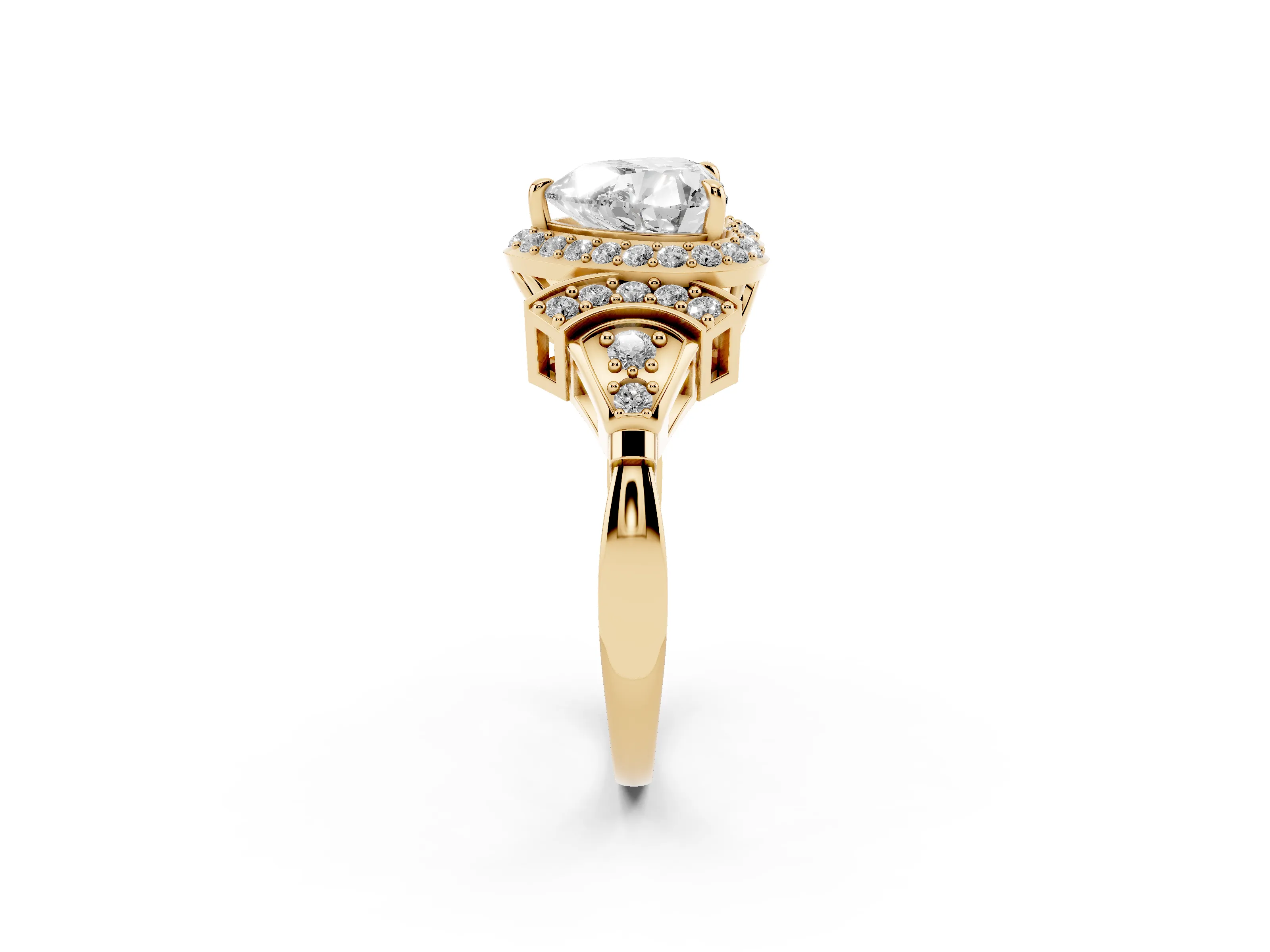 Heart Cut Diamond Halo Engagement Ring Set in Yellow gold with Accent Stone Split Shank
