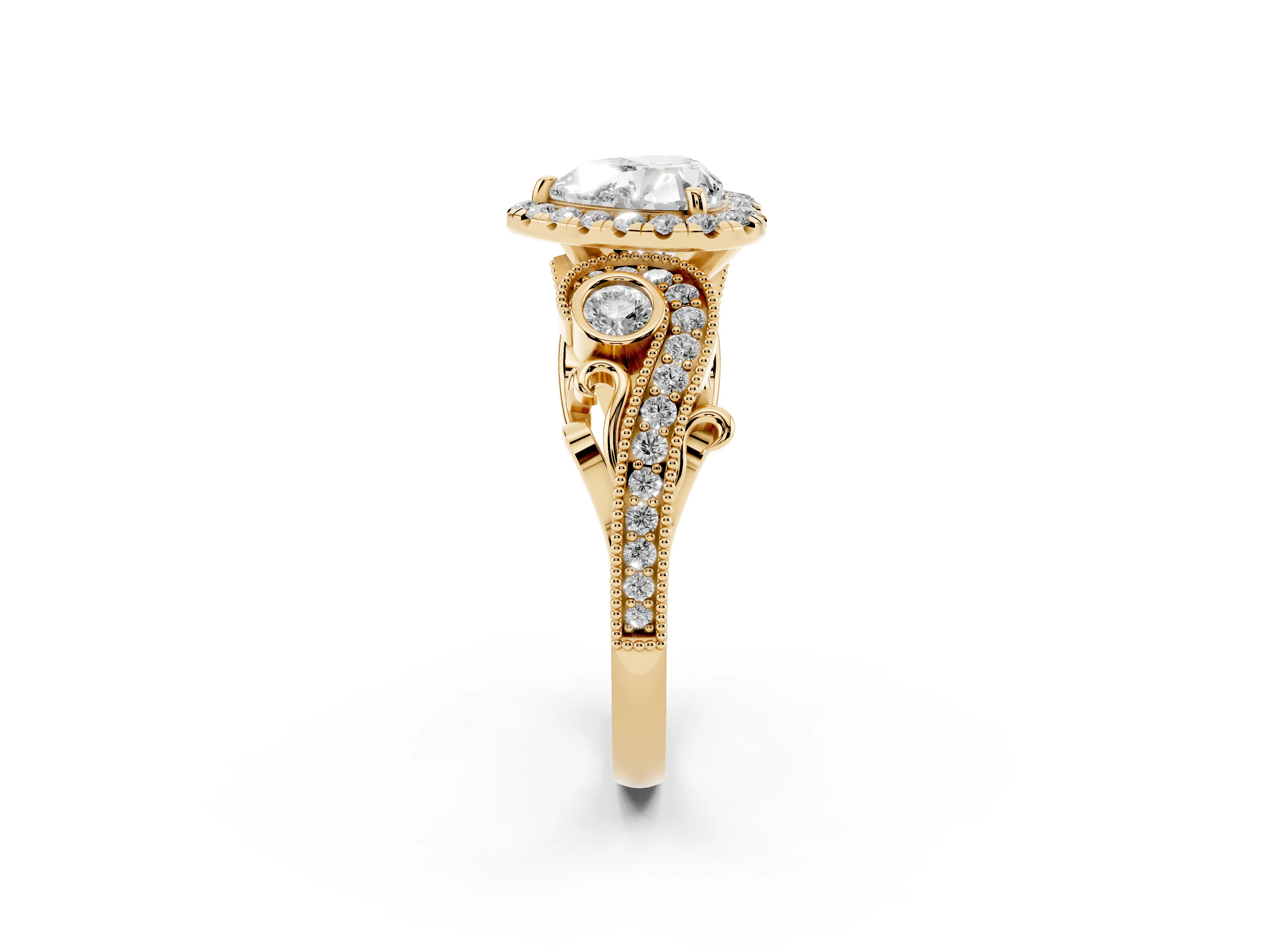 Heart Cut Diamond Halo Ring Set in Yellow gold with Milgrain Pavé Band and Prong Setting