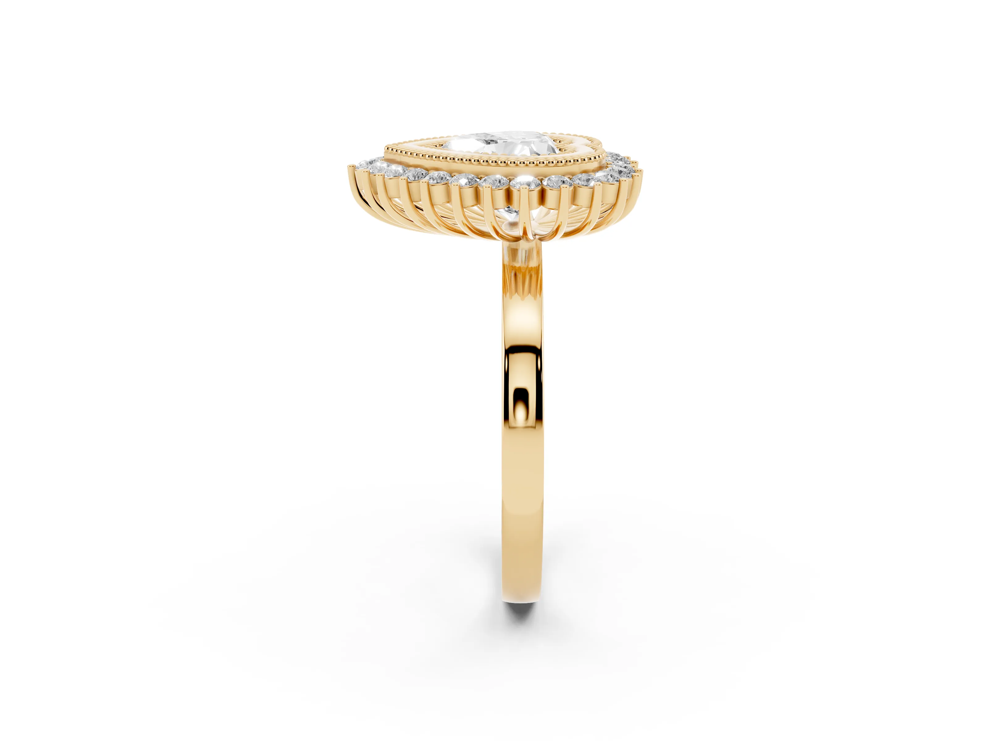 Heart Cut Diamond Halo Ring Set in Yellow gold with Milgrain Edge and Round Prong Setting
