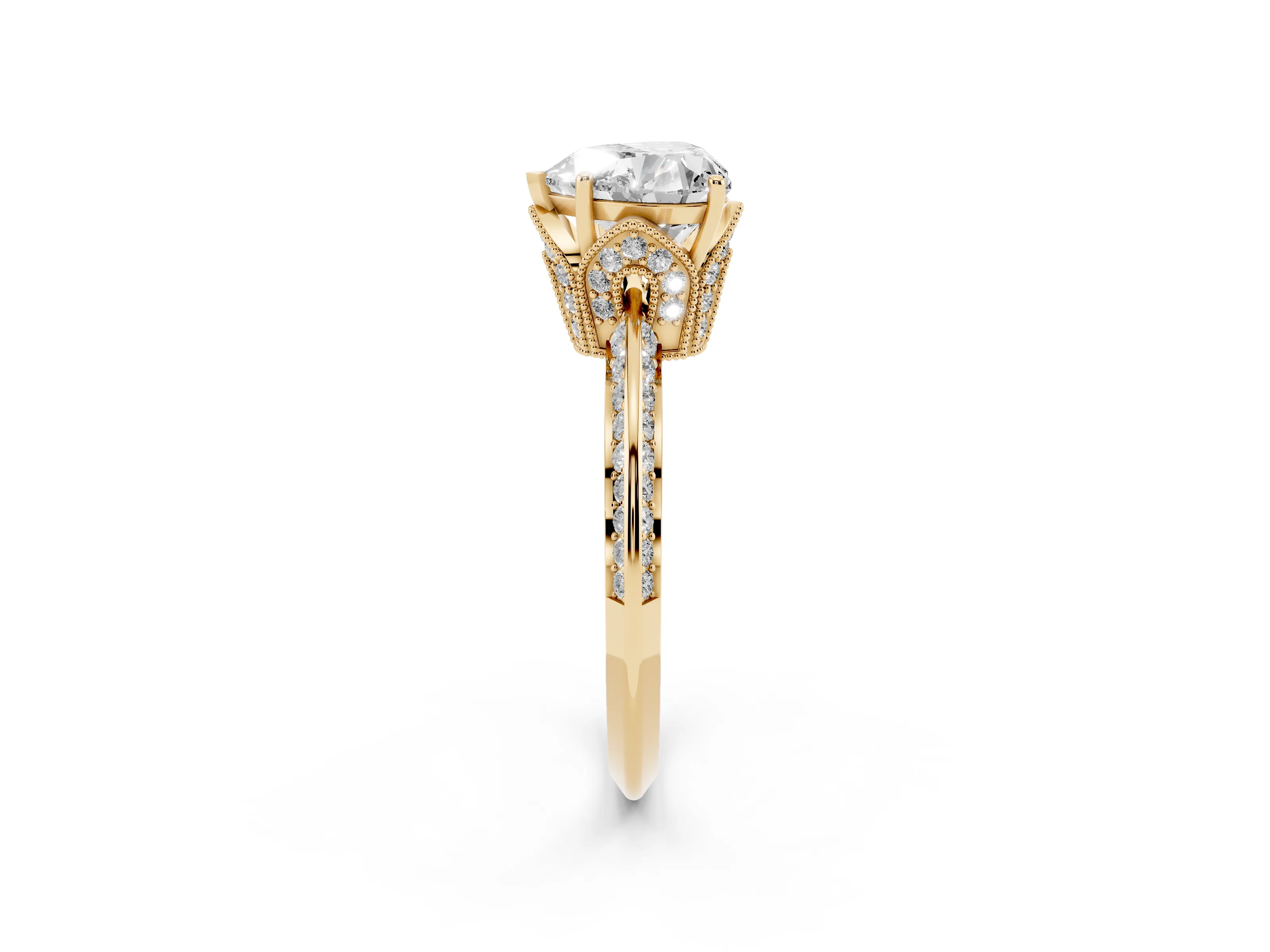 Heart Cut Diamond Solitaire Engagement Ring Set in Yellow gold with Pavé Split Shank and Prong Setting