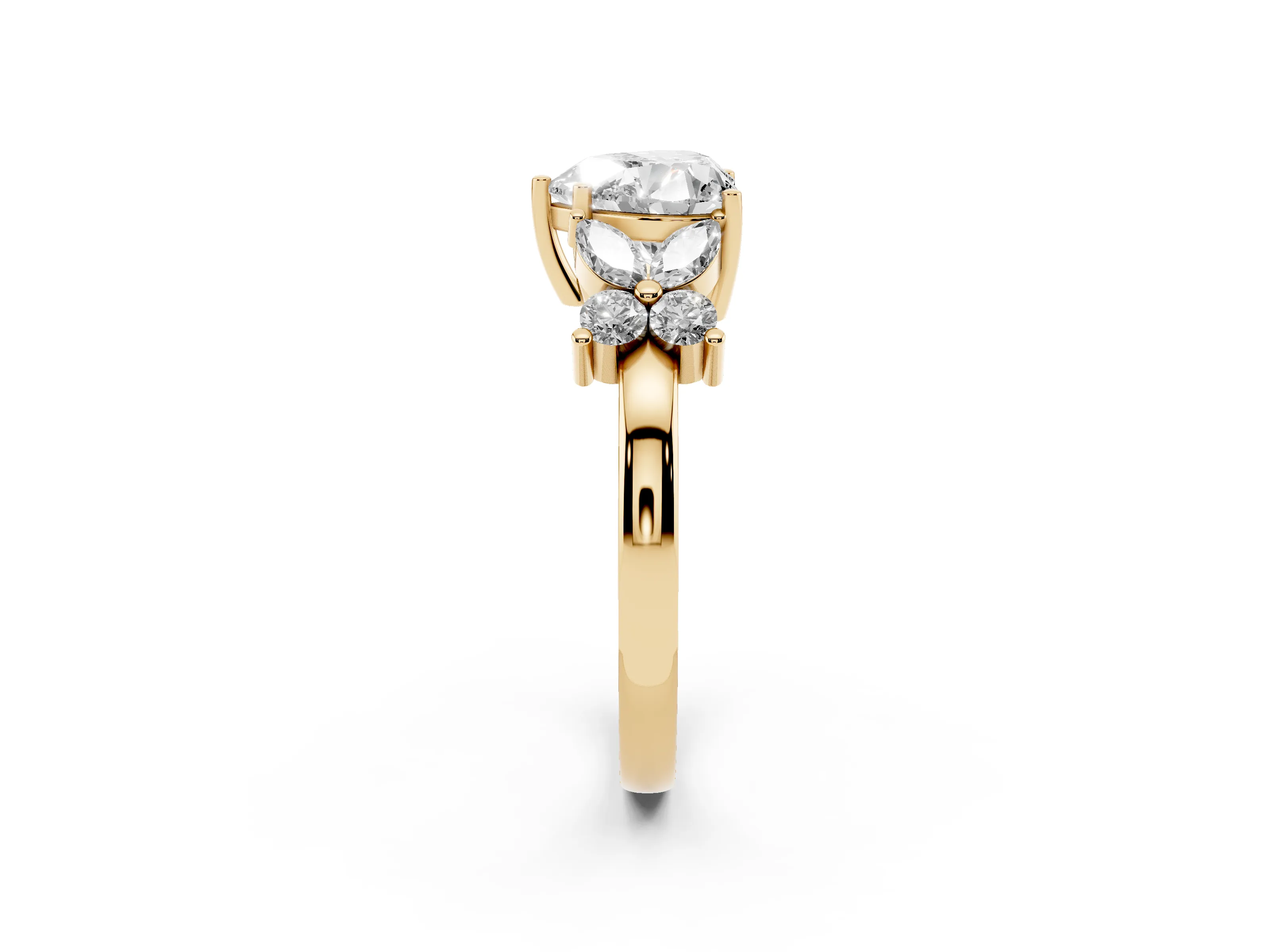 Heart Cut Diamond Floral Cluster Ring Set in Yellow gold with Marquise Petals and Prong Setting
