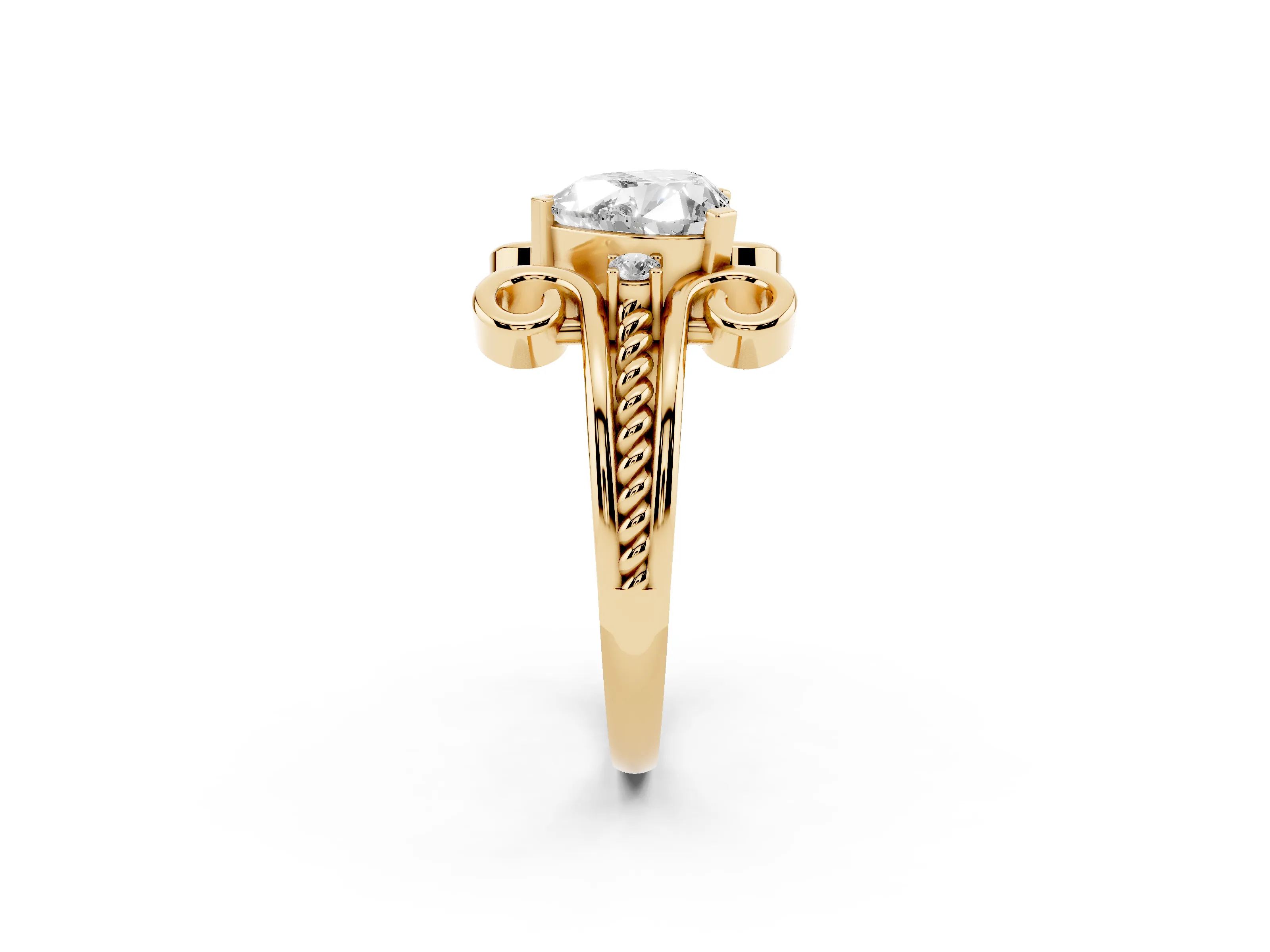 Heart Cut Diamond Twisted Band Solitaire Ring Set in Yellow gold with Scroll Prongs